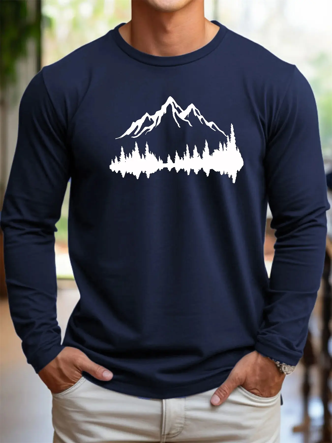 Men's 100% pure cotton loose fit comfortable casual sports mountain reflection pattern printed round neck long sleeved T-shirt