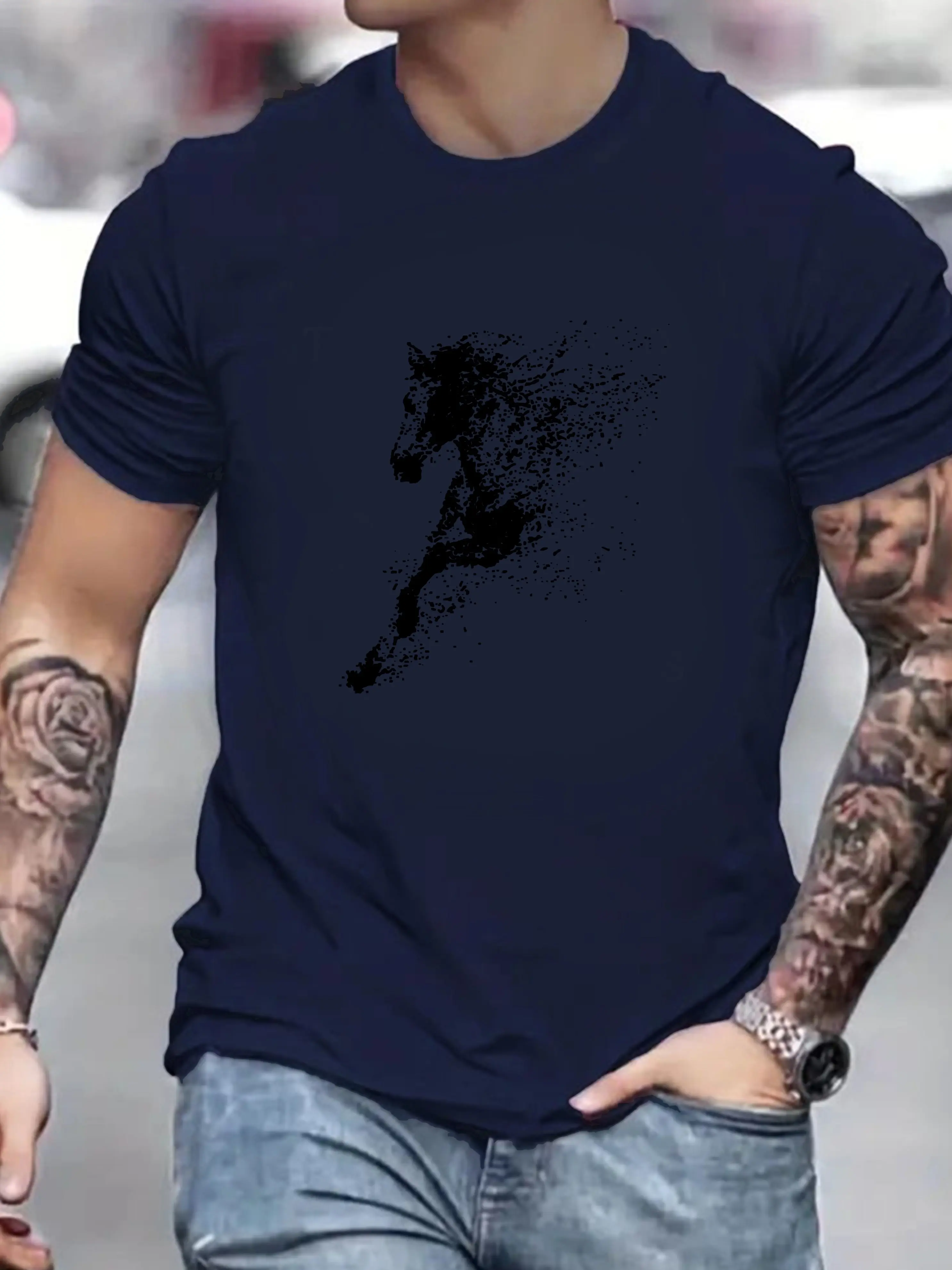 Men's Summer 100 Cotton Fashionable Casual Loose Large Black Horse Pattern Printed Round Neck Short Sleeve T-shirt Top