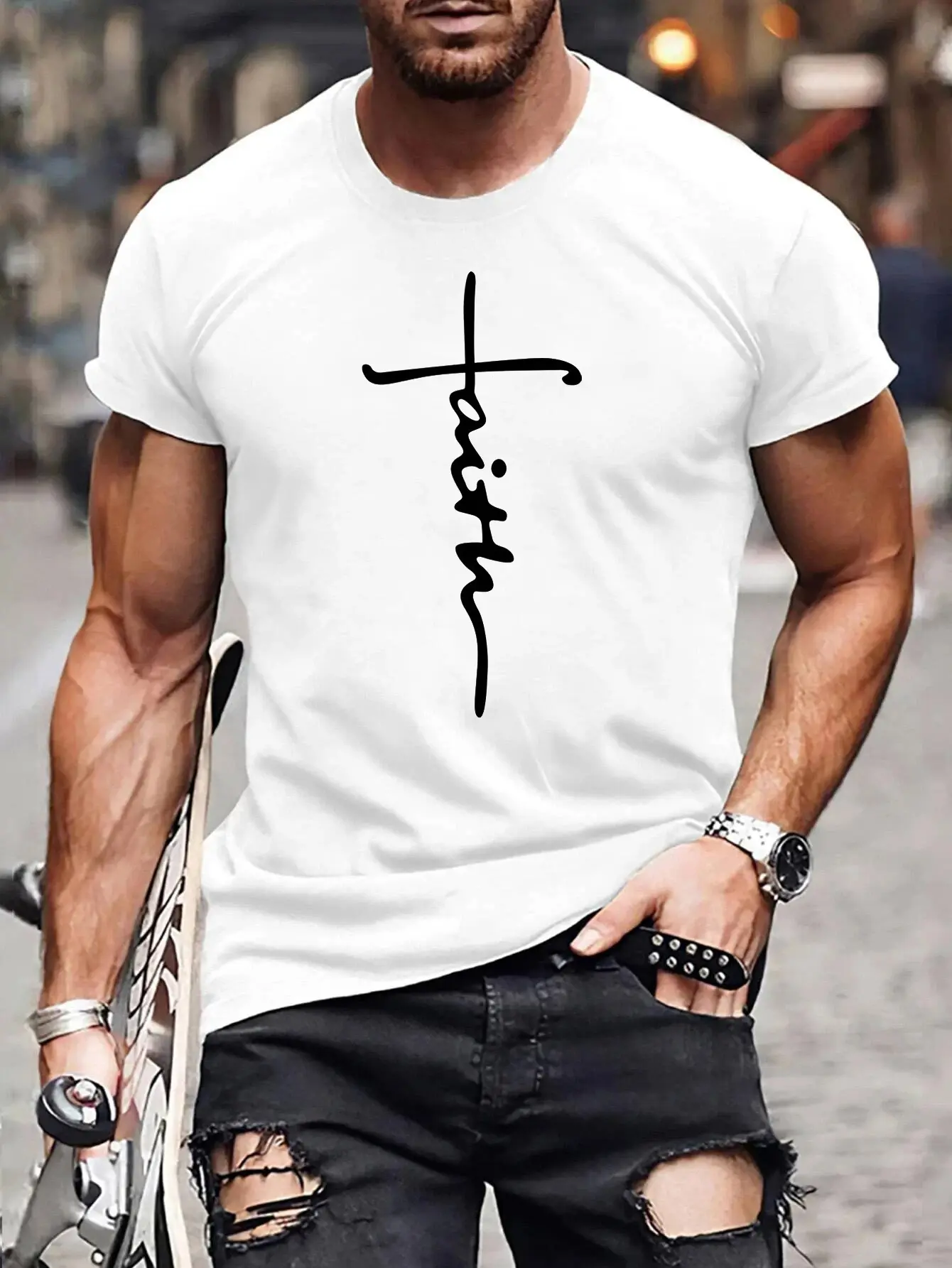 Men's summer 100 cotton fashionable casual loose plus size faith cross print sports round neck short sleeved T-shirt top