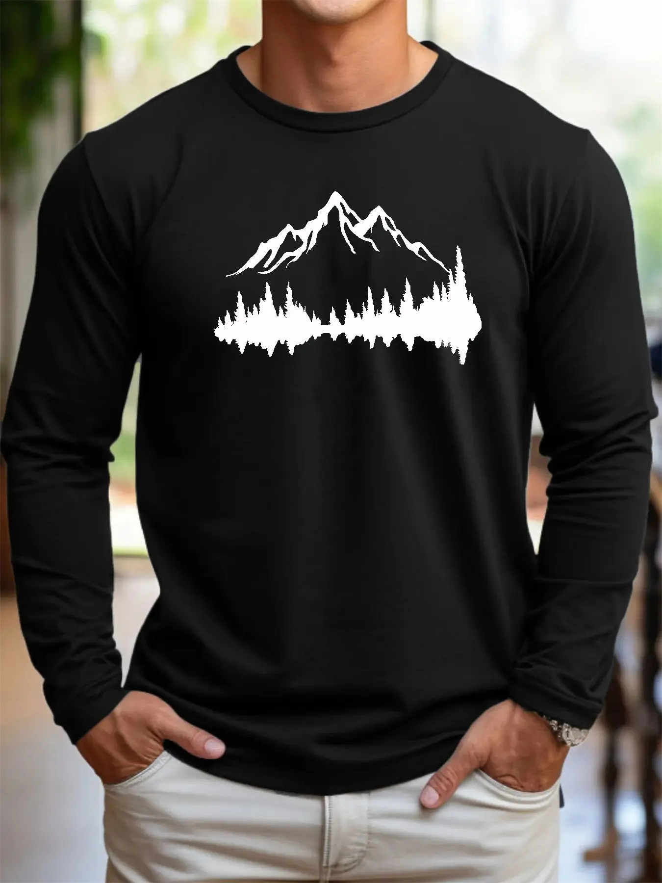 Men's 100% pure cotton loose fit comfortable casual sports mountain reflection pattern printed round neck long sleeved T-shirt
