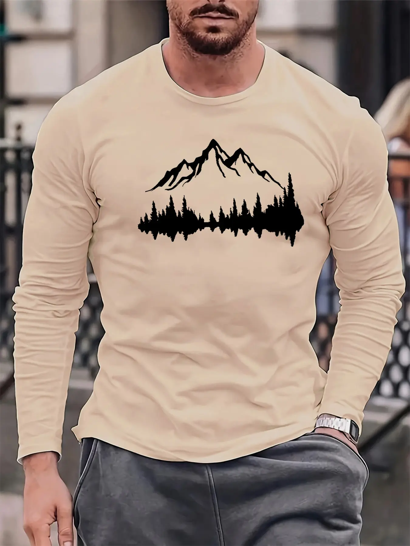 Men's 100% pure cotton loose fit comfortable casual sports mountain reflection pattern printed round neck long sleeved T-shirt