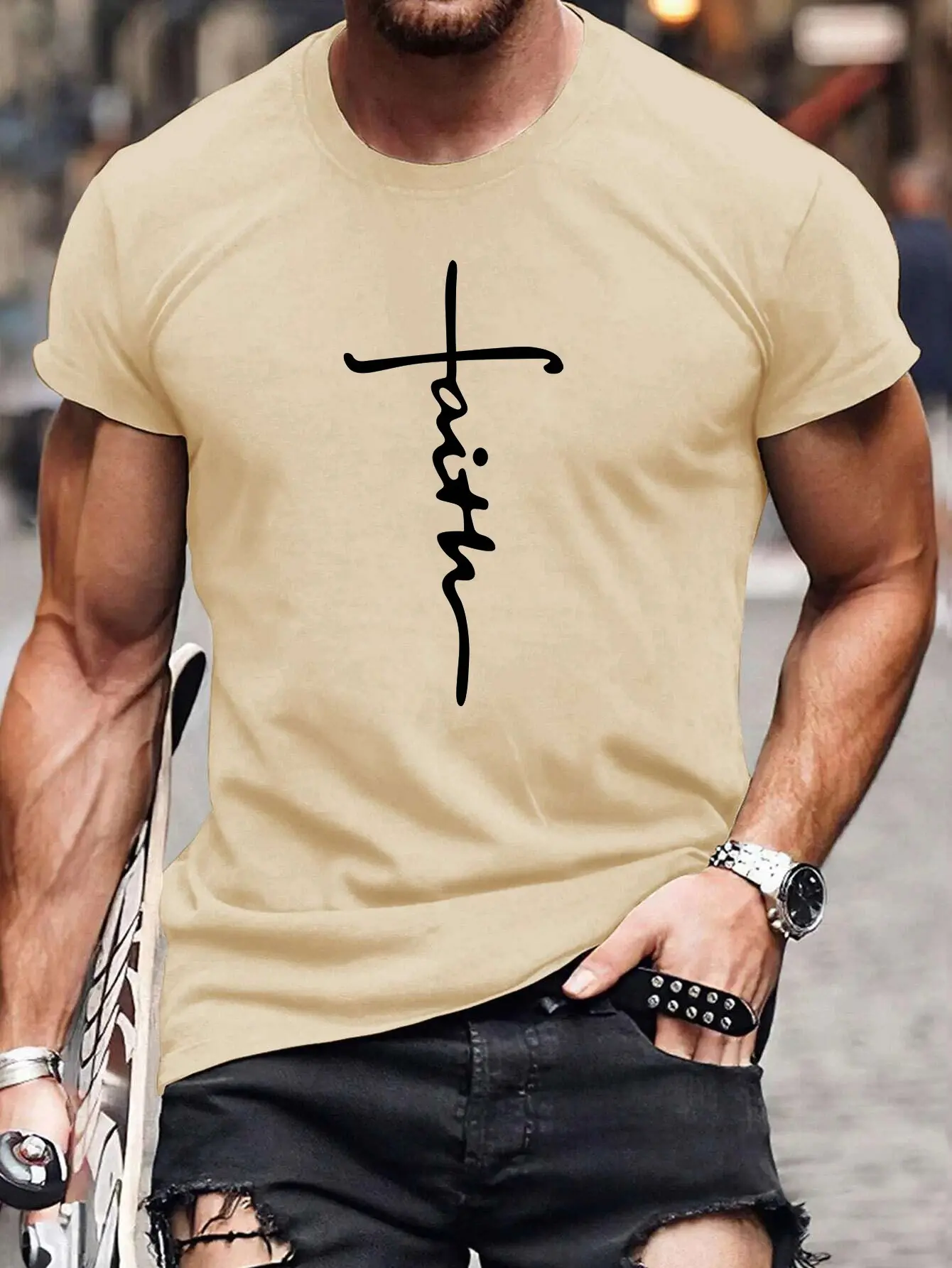 Men's summer 100 cotton fashionable casual loose plus size faith cross print sports round neck short sleeved T-shirt top