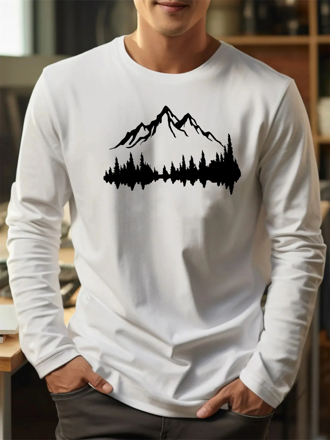 Men's 100% pure cotton loose fit comfortable casual sports mountain reflection pattern printed round neck long sleeved T-shirt