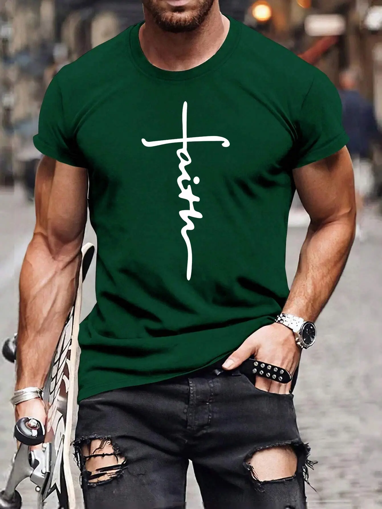 Men's summer 100 cotton fashionable casual loose plus size faith cross print sports round neck short sleeved T-shirt top