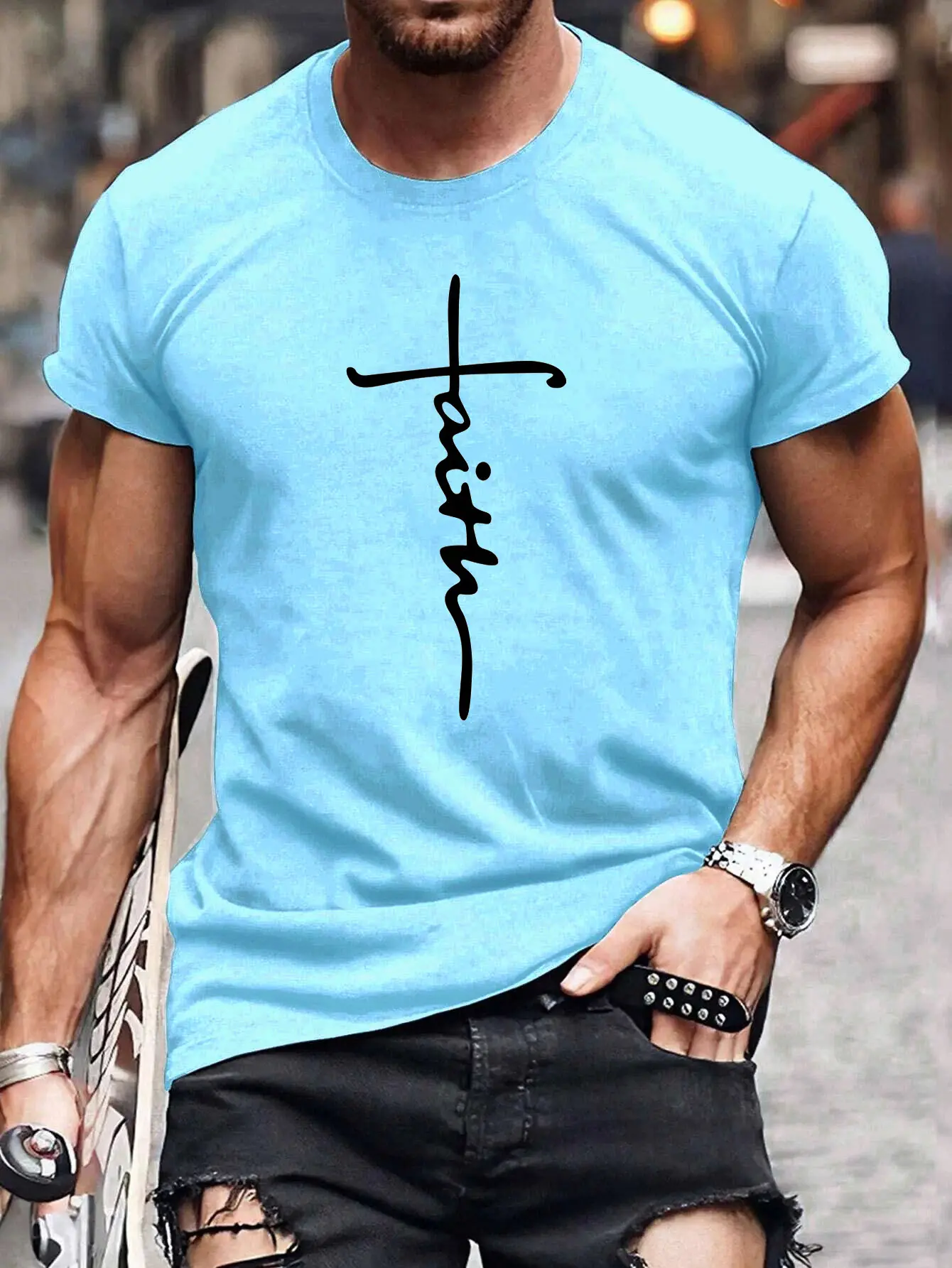 Men's summer 100 cotton fashionable casual loose plus size faith cross print sports round neck short sleeved T-shirt top