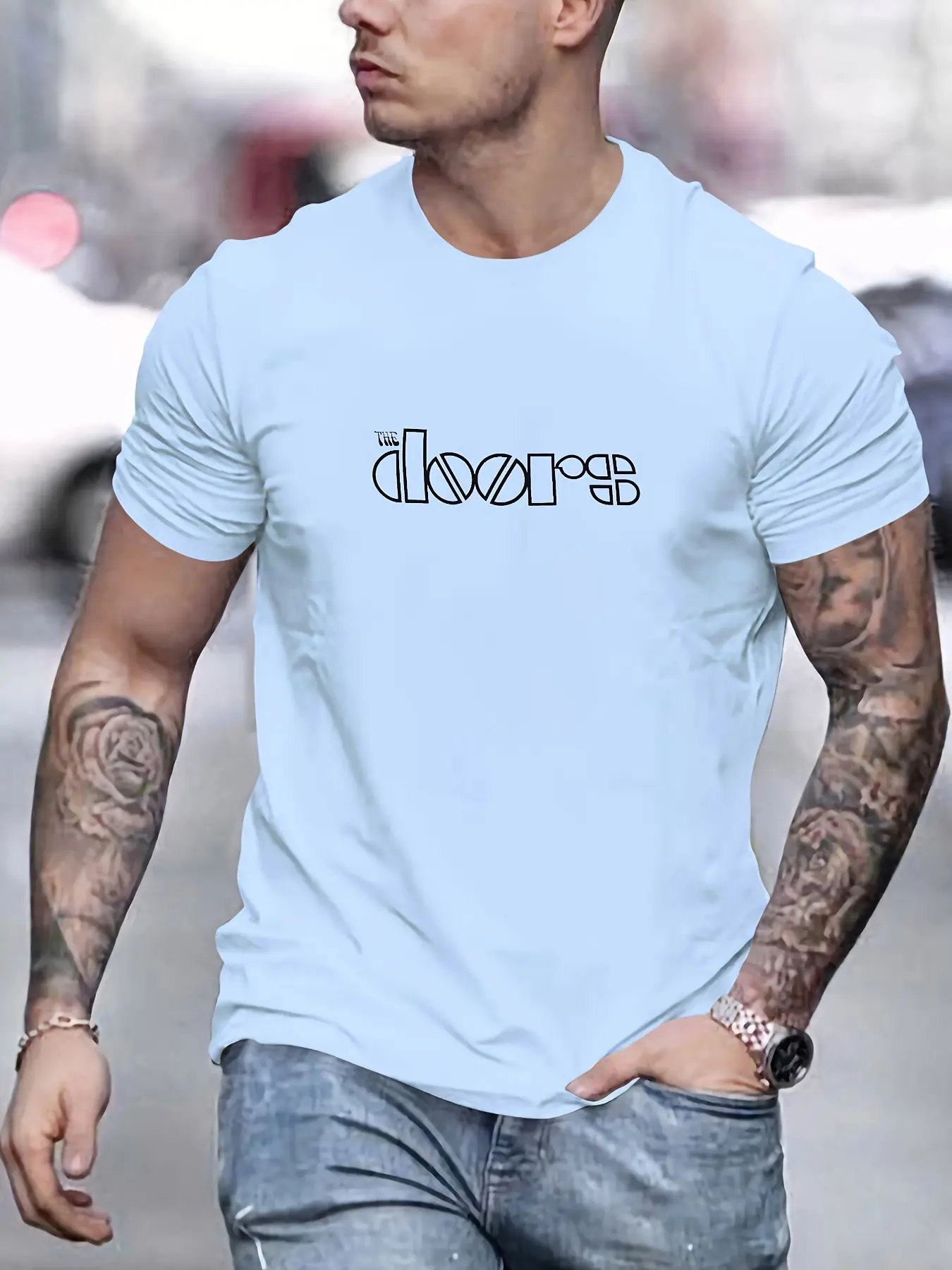 Men's summer 100% pure cotton fashionable casual loose size THE doors printed sports round neck short sleeved T-shirt top