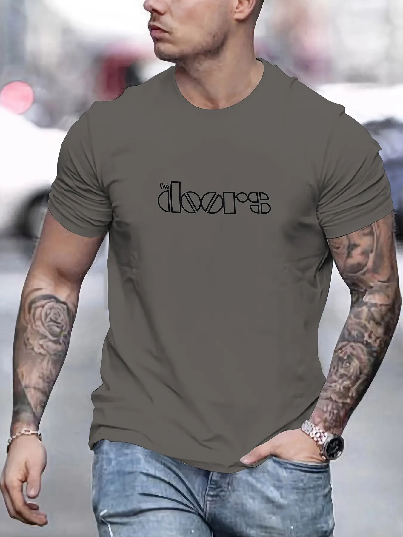 Men's summer 100% pure cotton fashionable casual loose size THE doors printed sports round neck short sleeved T-shirt top