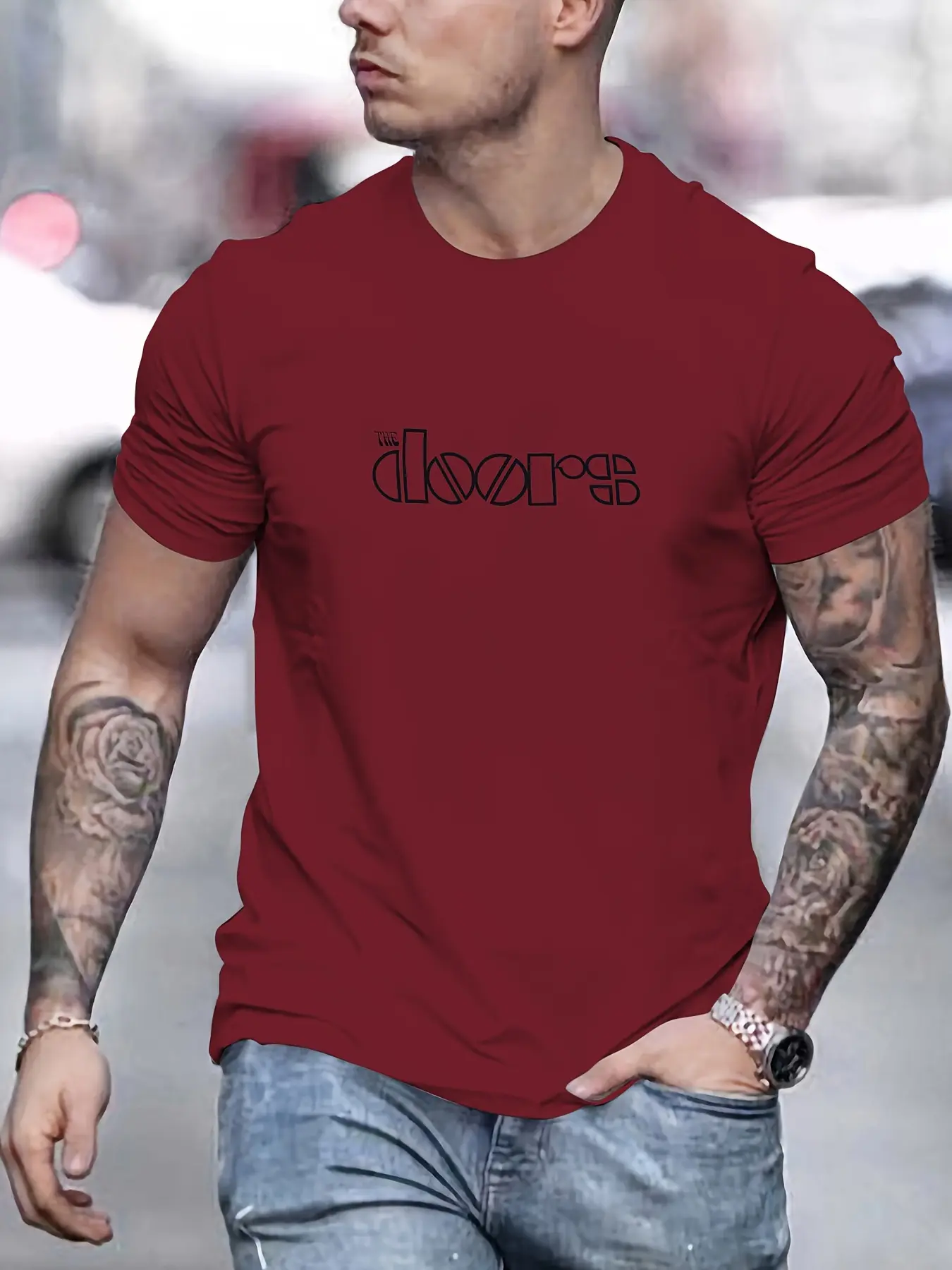 Men's summer 100% pure cotton fashionable casual loose size THE doors printed sports round neck short sleeved T-shirt top