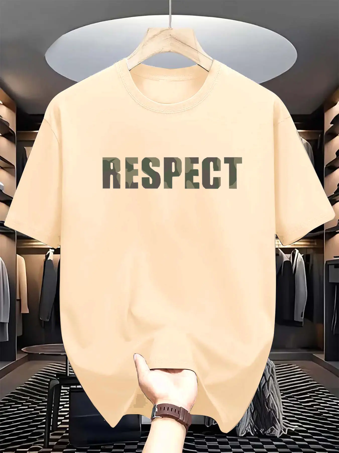 Men's summer 100% pure cotton fashionable casual loose RESPECT camouflage letter printed round neck short sleeved T-shirt top