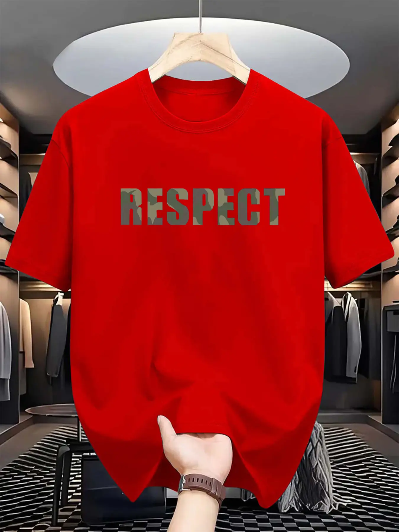 Men's summer 100% pure cotton fashionable casual loose RESPECT camouflage letter printed round neck short sleeved T-shirt top