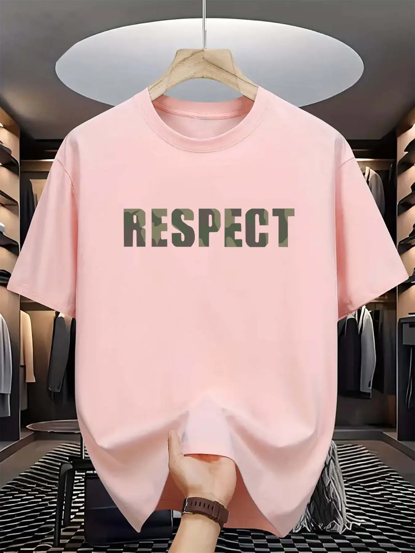 Men's summer 100% pure cotton fashionable casual loose RESPECT camouflage letter printed round neck short sleeved T-shirt top