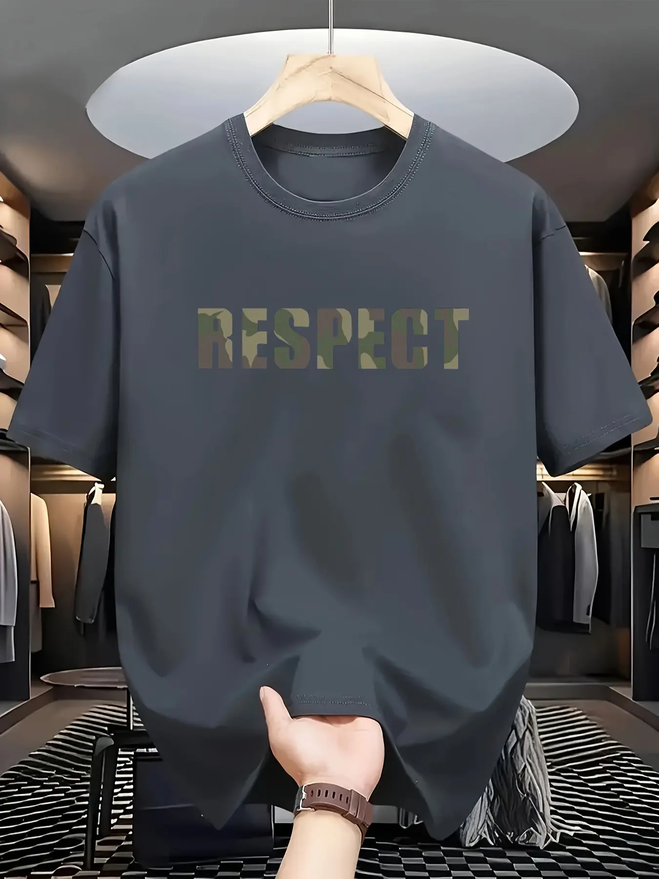 Men's summer 100% pure cotton fashionable casual loose RESPECT camouflage letter printed round neck short sleeved T-shirt top