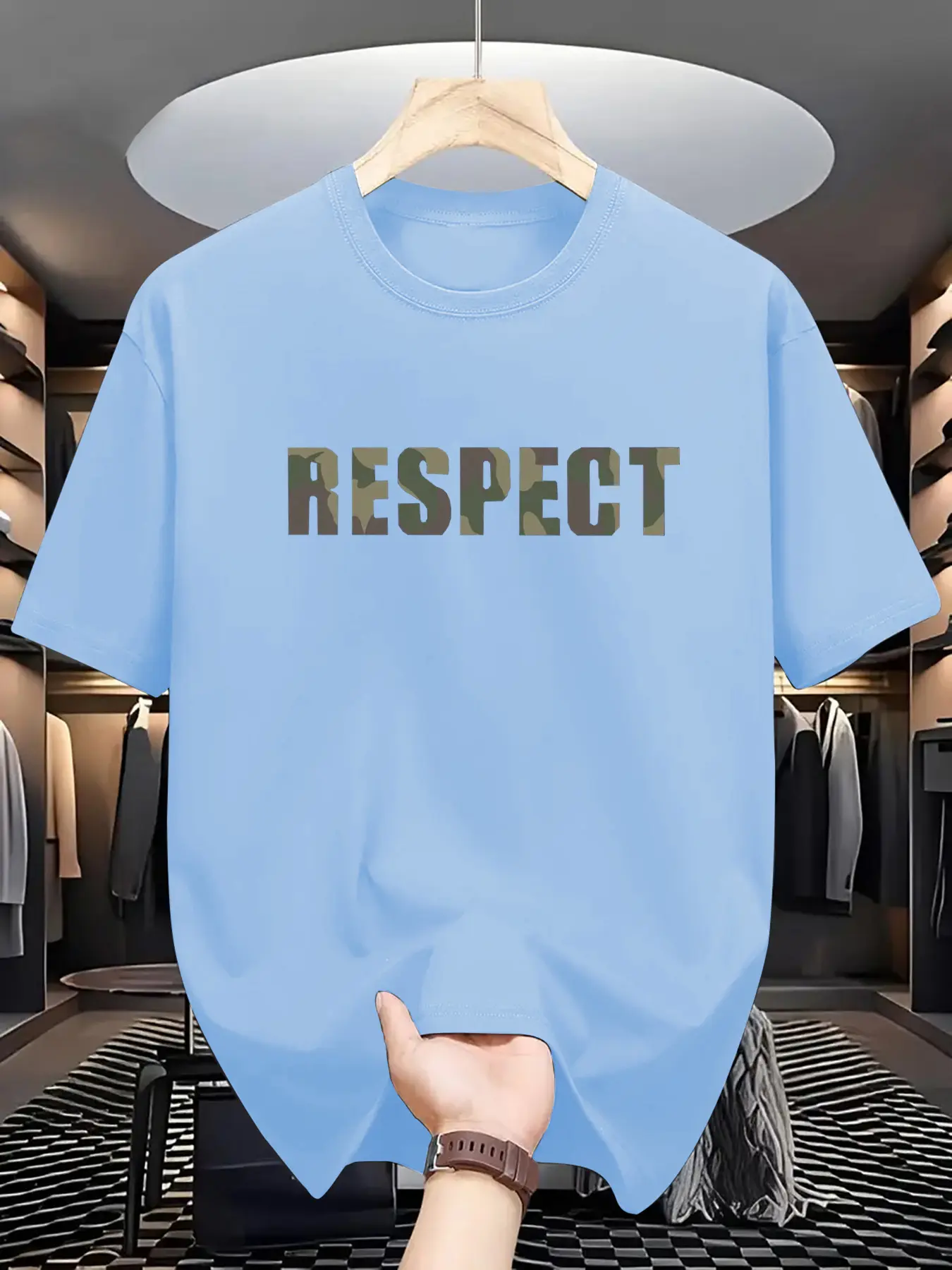 Men's summer 100% pure cotton fashionable casual loose RESPECT camouflage letter printed round neck short sleeved T-shirt top