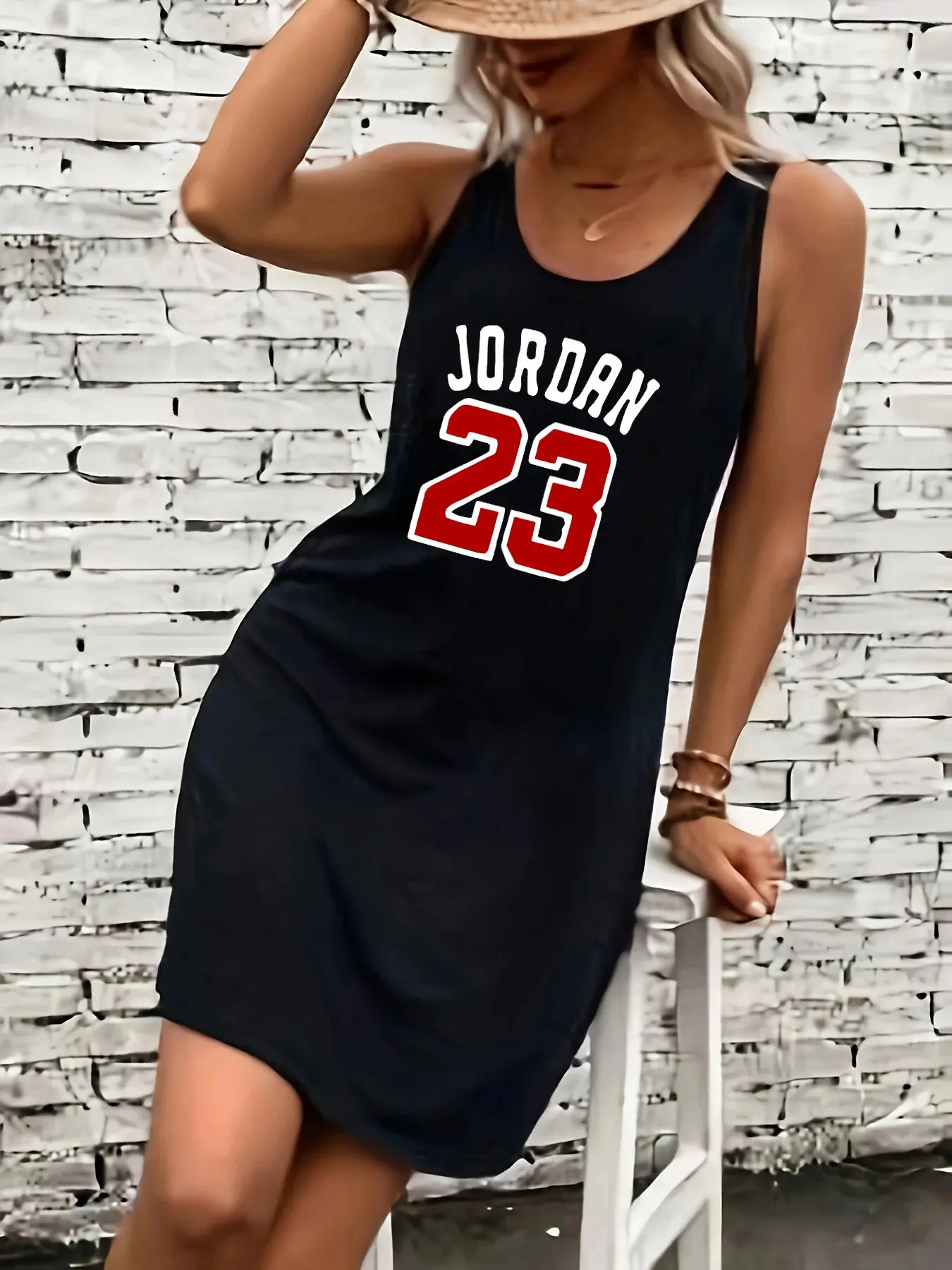 Women's summer loose and comfortable casual JORDAN 23 letter pattern printed black sleeveless vest dress punk style dress