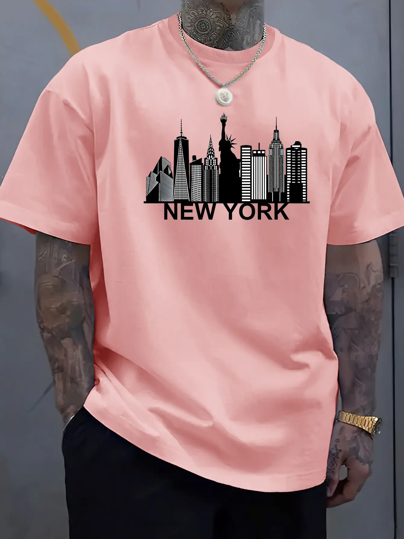 Men's summer 100 cotton fashionable casual loose plus size New York letter printed vacation round neck short sleeved T-shirt top