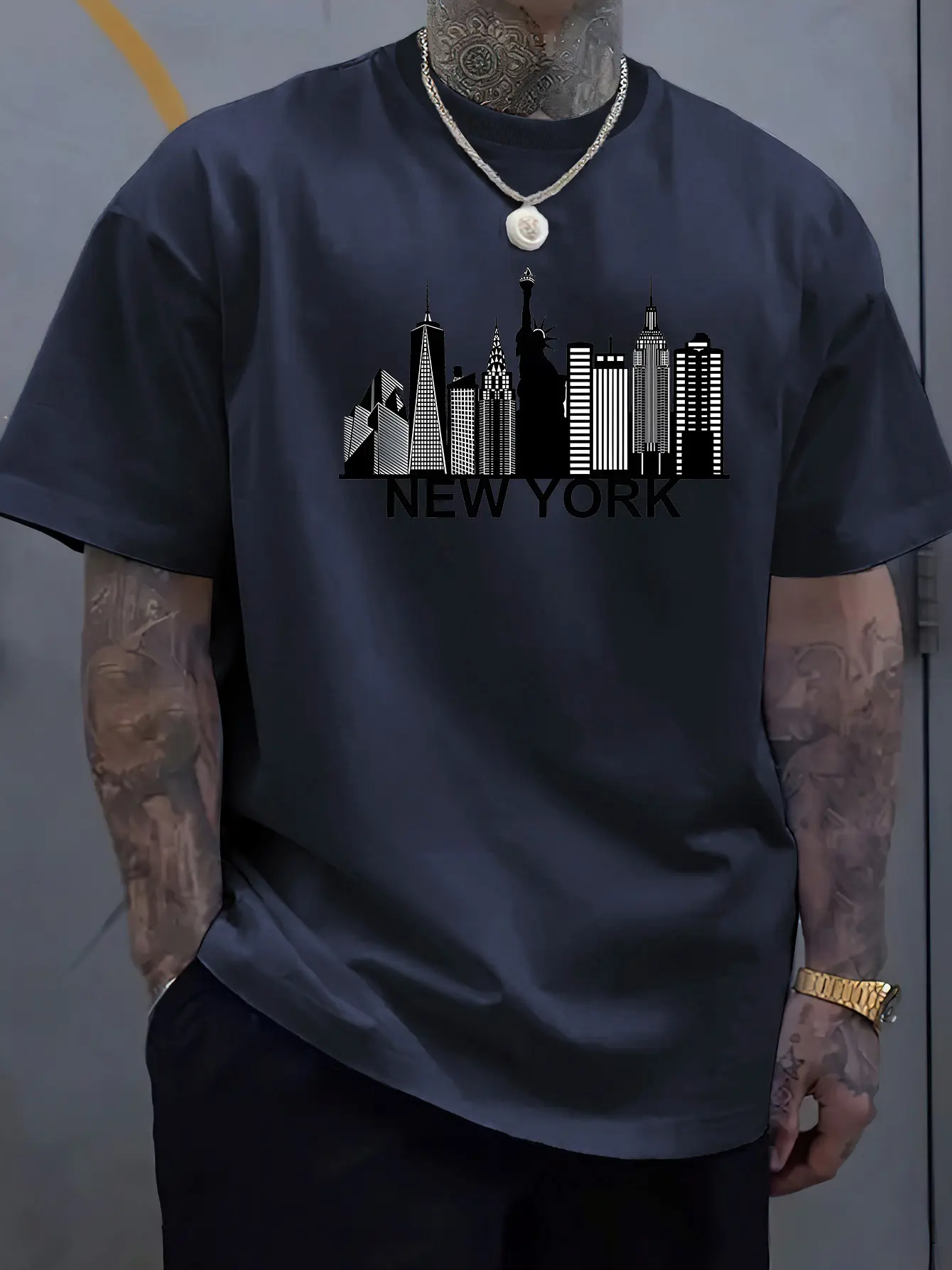 Men's summer 100 cotton fashionable casual loose plus size New York letter printed vacation round neck short sleeved T-shirt top