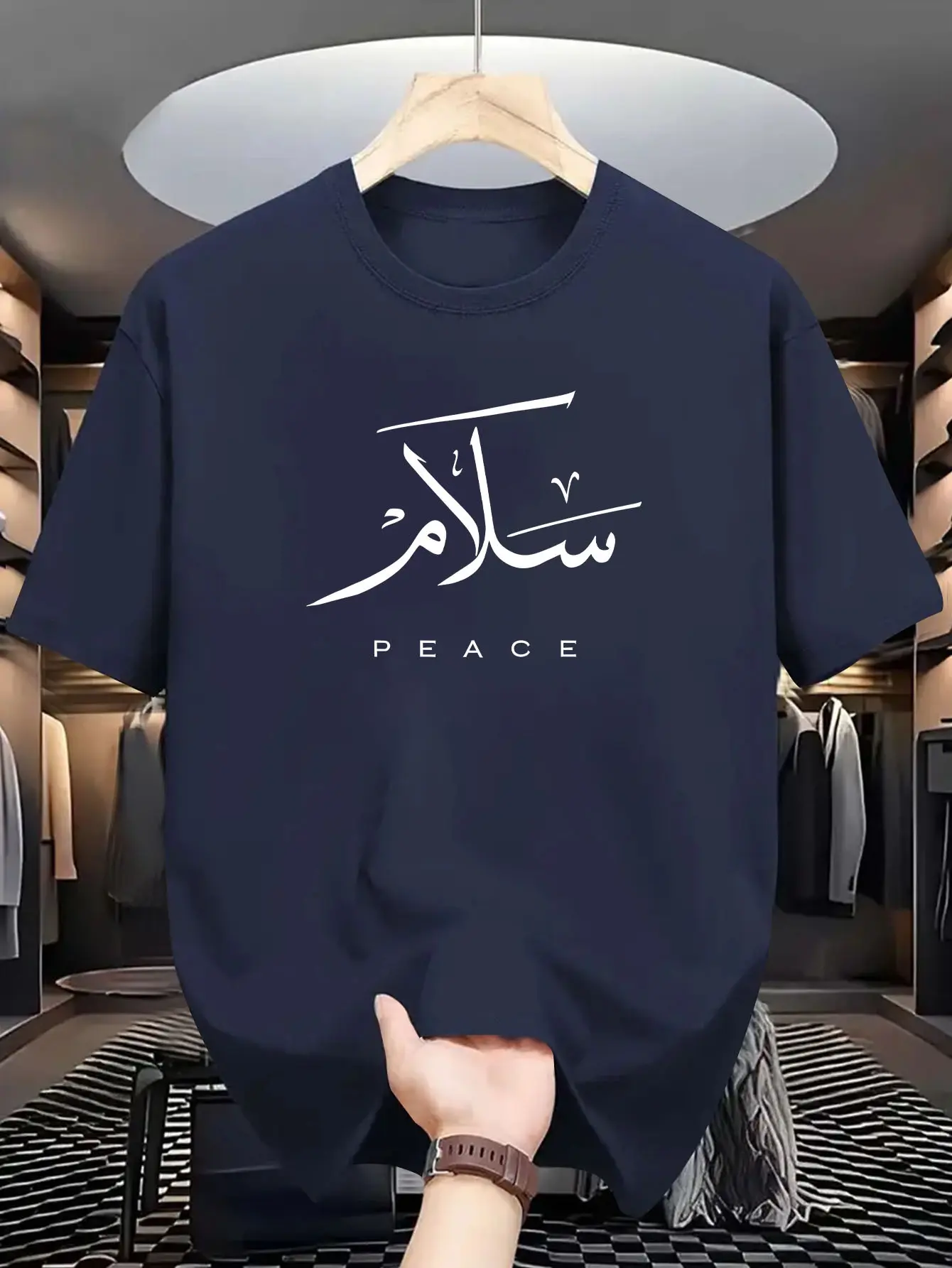 Men's summer 100% pure cotton fashionable casual loose sports PEACE letter printed round neck short sleeved T-shirt top