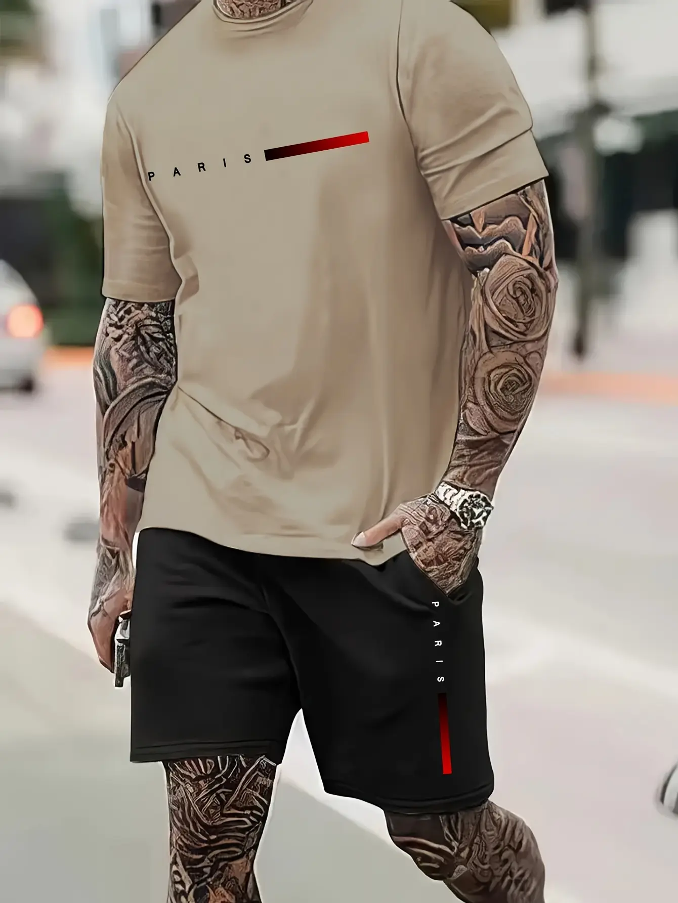 Men's 100 cotton T-shirt set casual oversized set Paris letter printed loose round neck short sleeved T-shirt+shorts two-piece