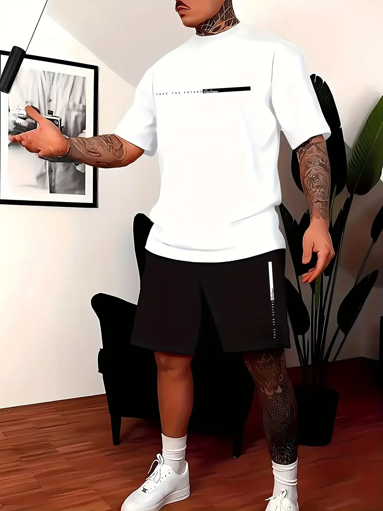 Men's 100 cotton T-shirt set casual oversized set Paris letter printed loose round neck short sleeved T-shirt+shorts two-piece
