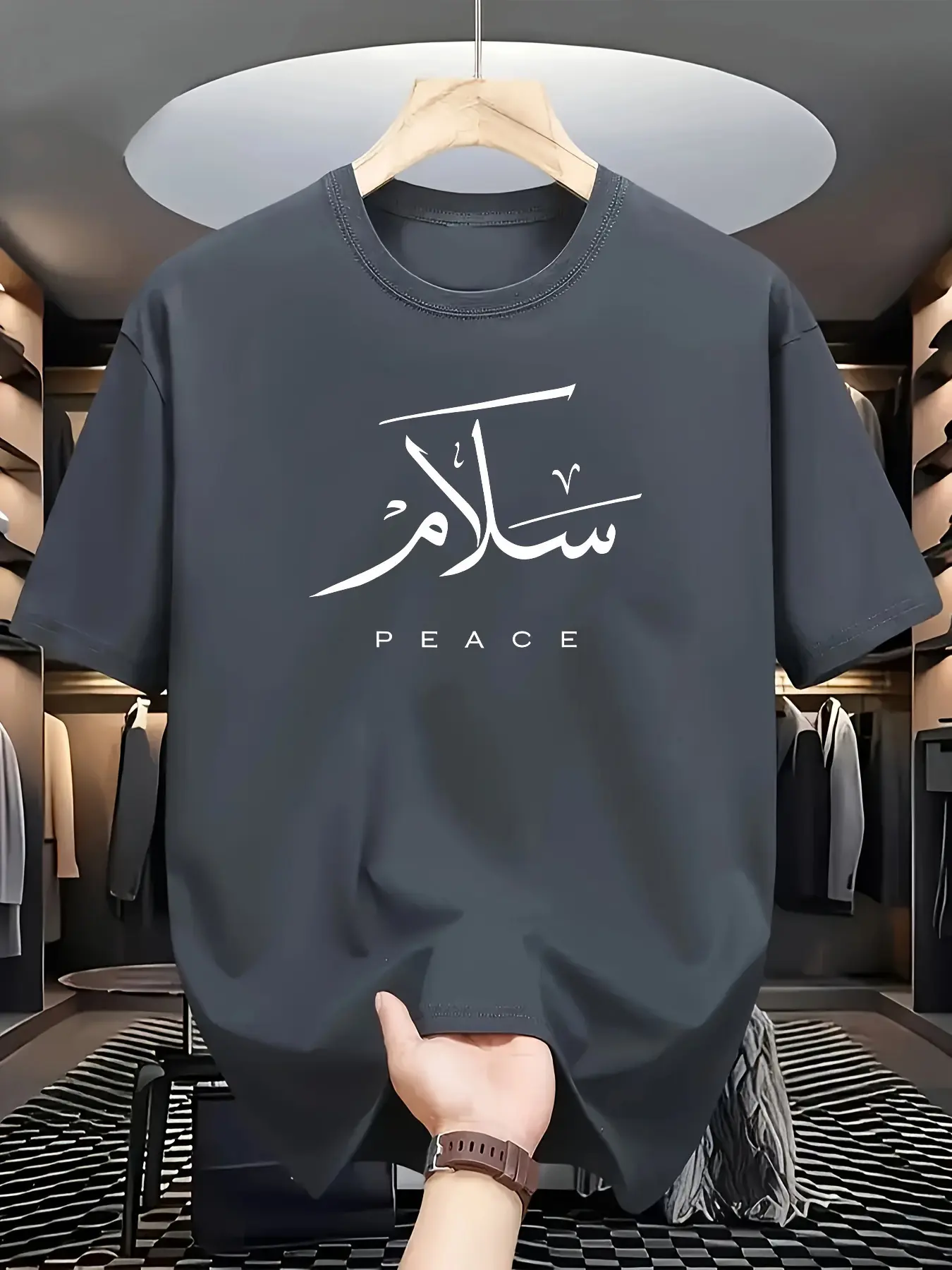 Men's summer 100% pure cotton fashionable casual loose sports PEACE letter printed round neck short sleeved T-shirt top