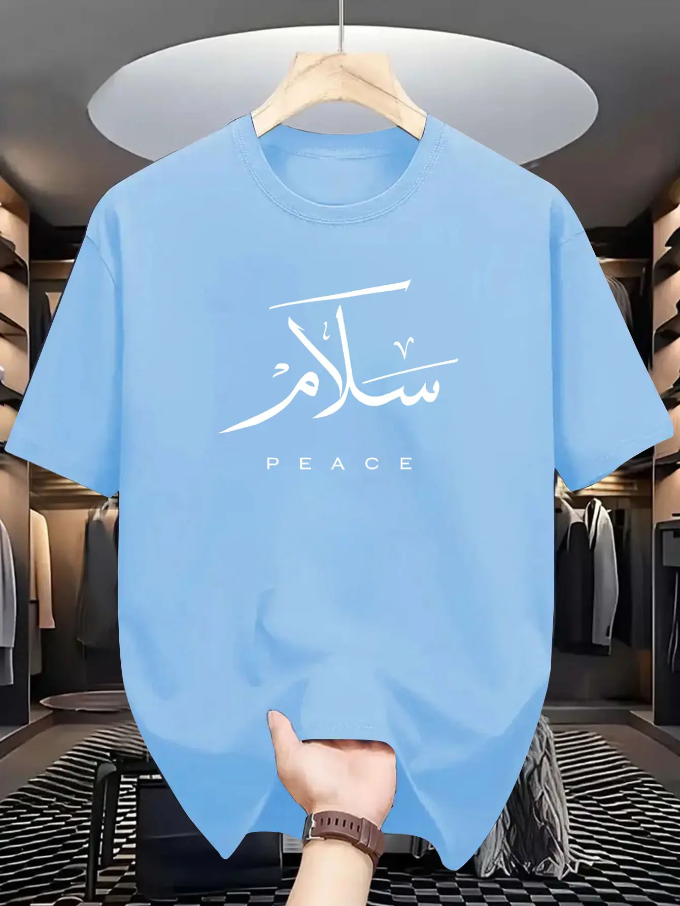 Men's summer 100% pure cotton fashionable casual loose sports PEACE letter printed round neck short sleeved T-shirt top