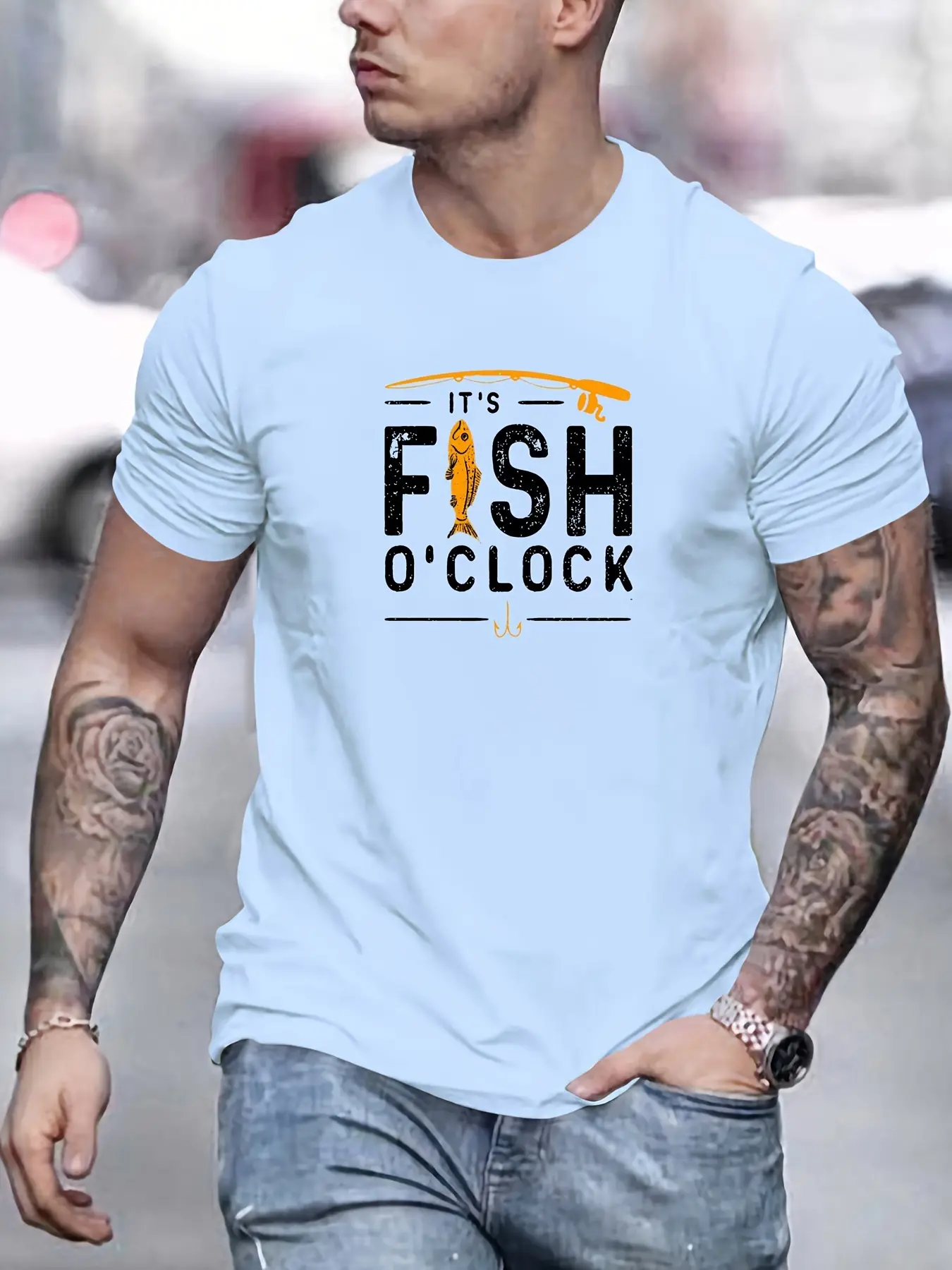 Men's summer 100 cotton fashionable casual sports loose fishing pattern printed round neck short sleeved T-shirt top