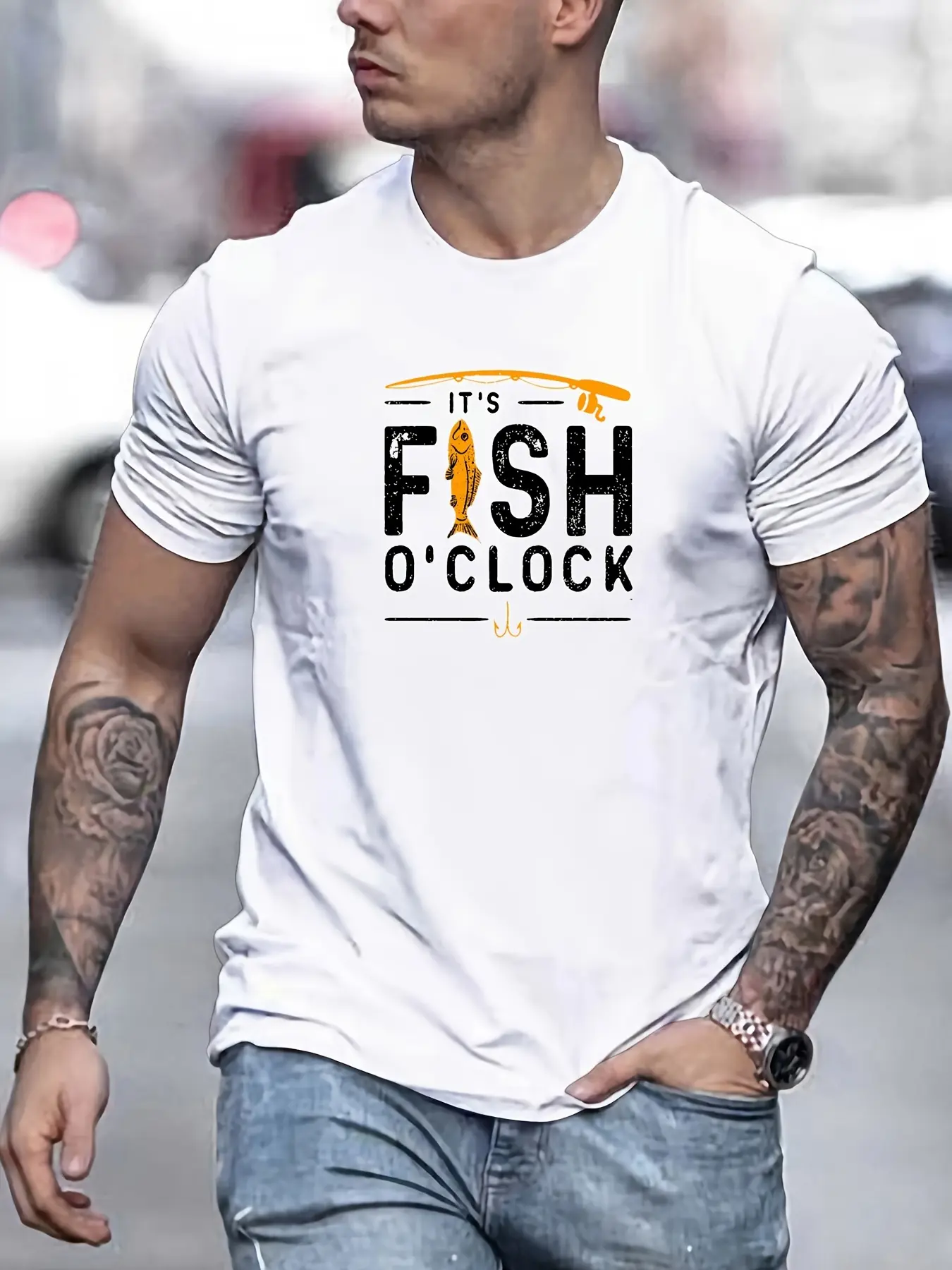 Men's summer 100 cotton fashionable casual sports loose fishing pattern printed round neck short sleeved T-shirt top