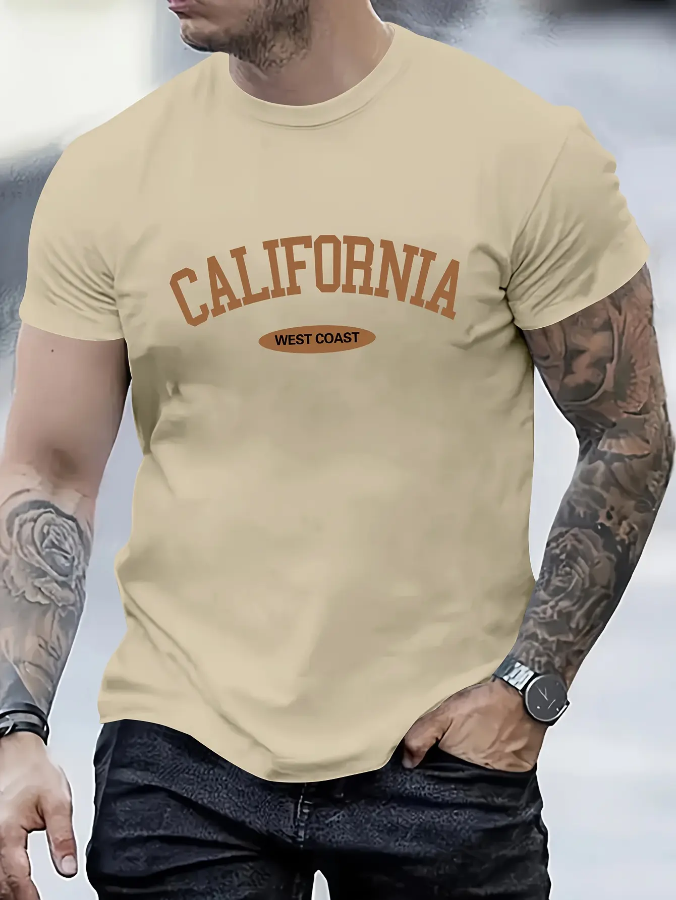 Men's summer 100% pure cotton fashionable casual loose sports CALIFORNIA letter printed round neck short sleeved T-shirt top