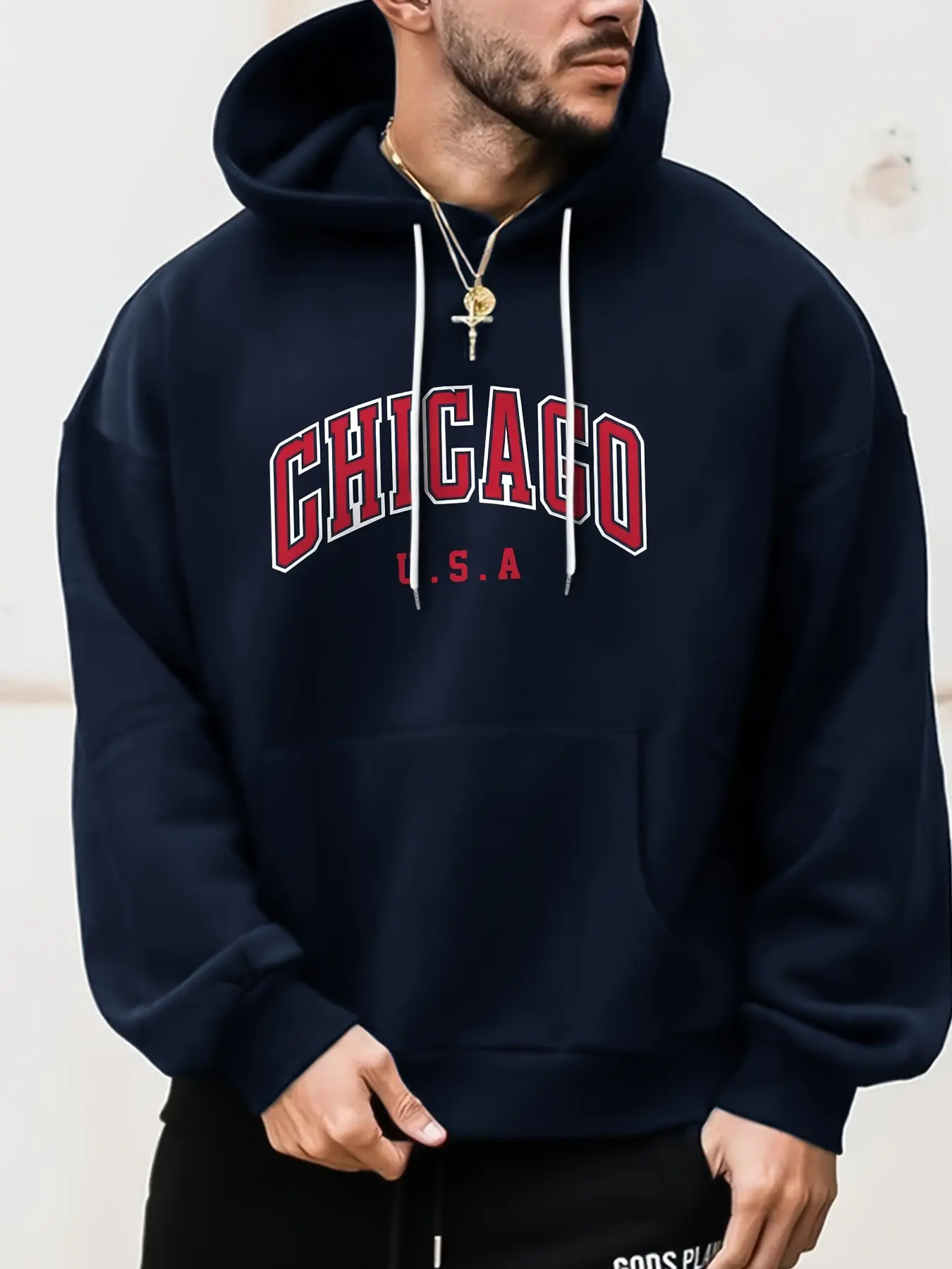 Men's autumn and winter casual fashion Chicago USA printed loose oversized sports comfortable fleece warm hooded sweatshirt