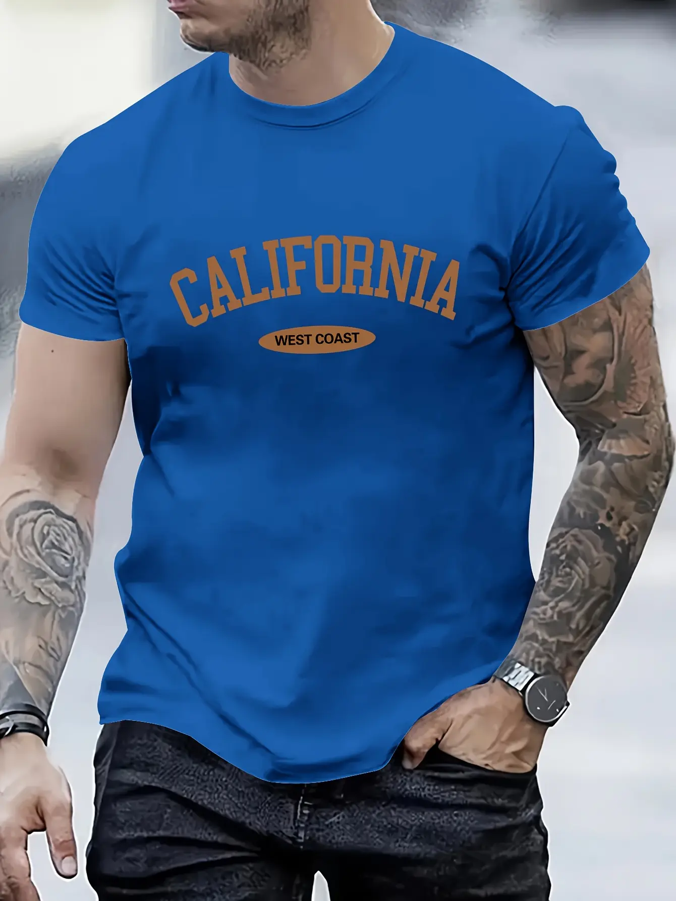 Men's summer 100% pure cotton fashionable casual loose sports CALIFORNIA letter printed round neck short sleeved T-shirt top