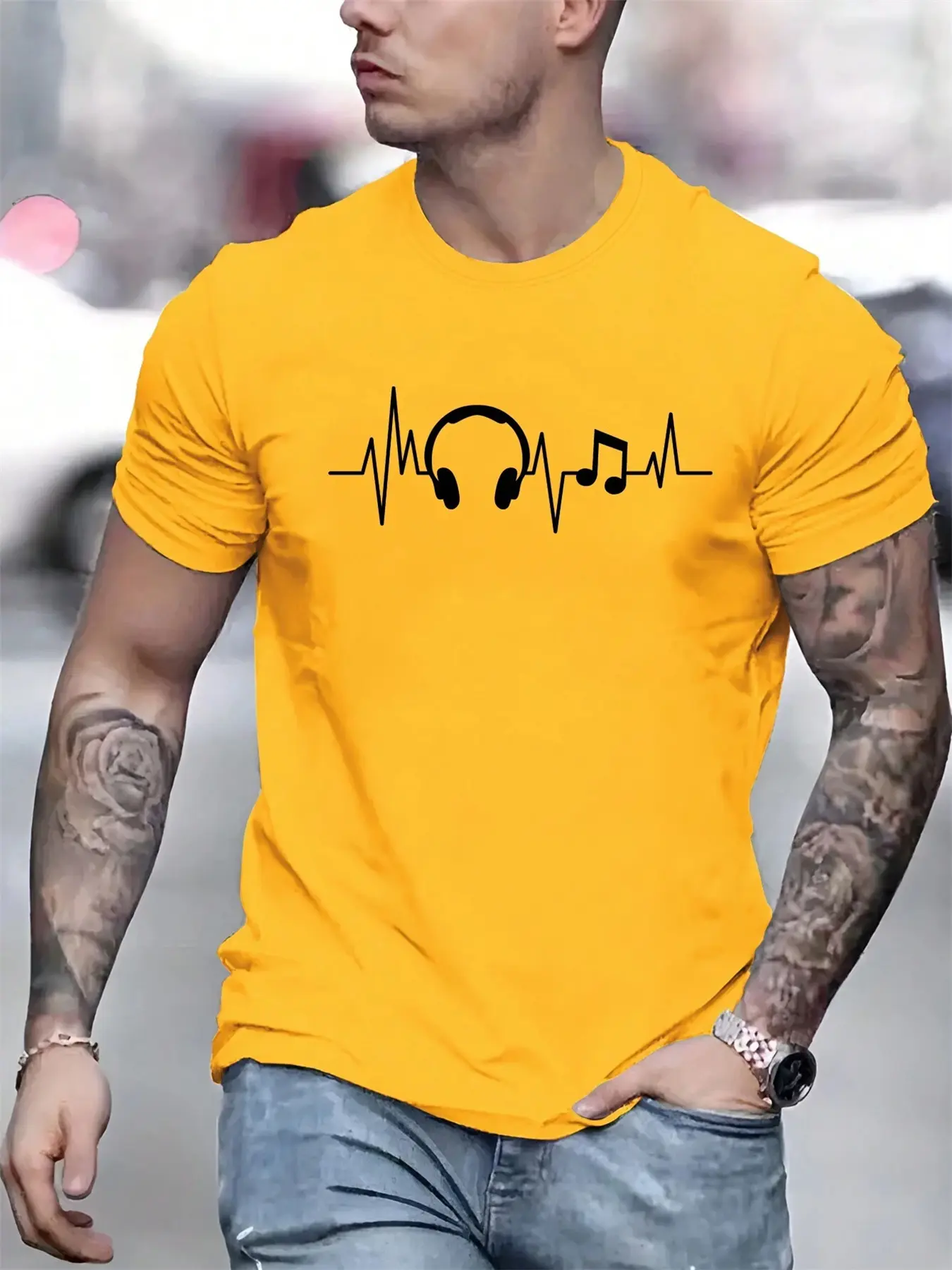 Men's Summer 100% Cotton Fashionable Casual Loose Large Headphone Pattern Printed Sports Round Neck Short Sleeve T-shirt Top