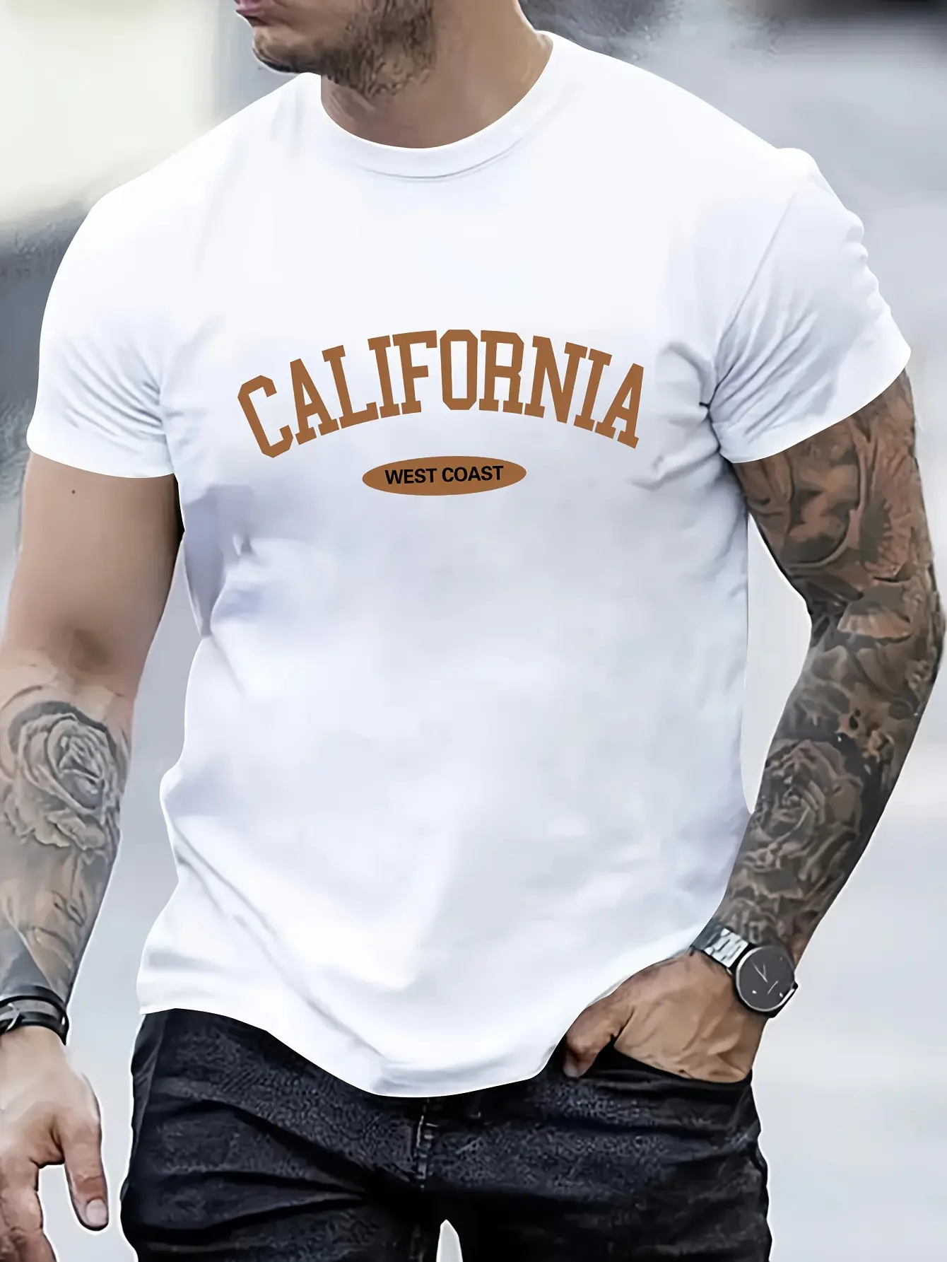 Men's summer 100% pure cotton fashionable casual loose sports CALIFORNIA letter printed round neck short sleeved T-shirt top