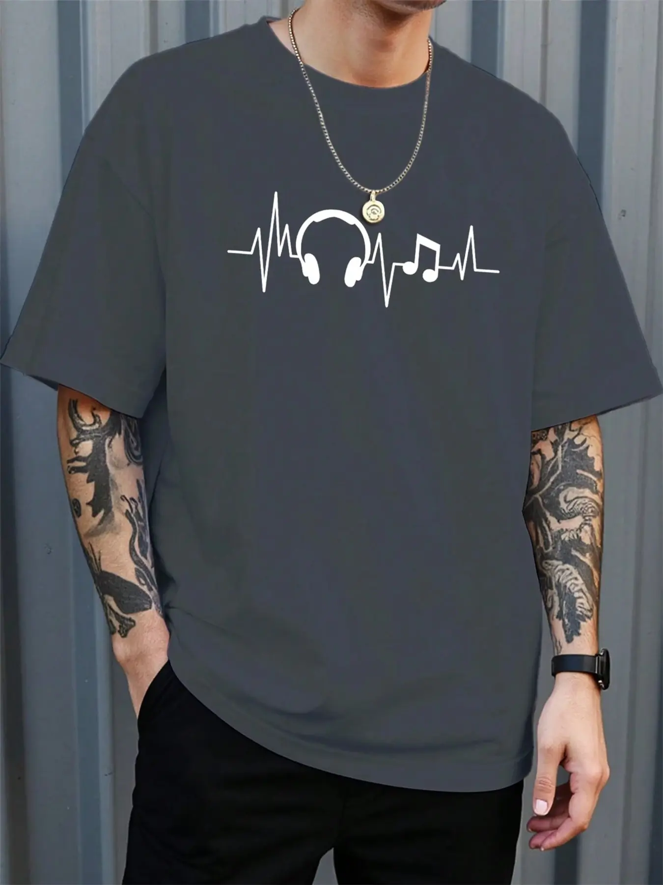Men's Summer 100% Cotton Fashionable Casual Loose Large Headphone Pattern Printed Sports Round Neck Short Sleeve T-shirt Top