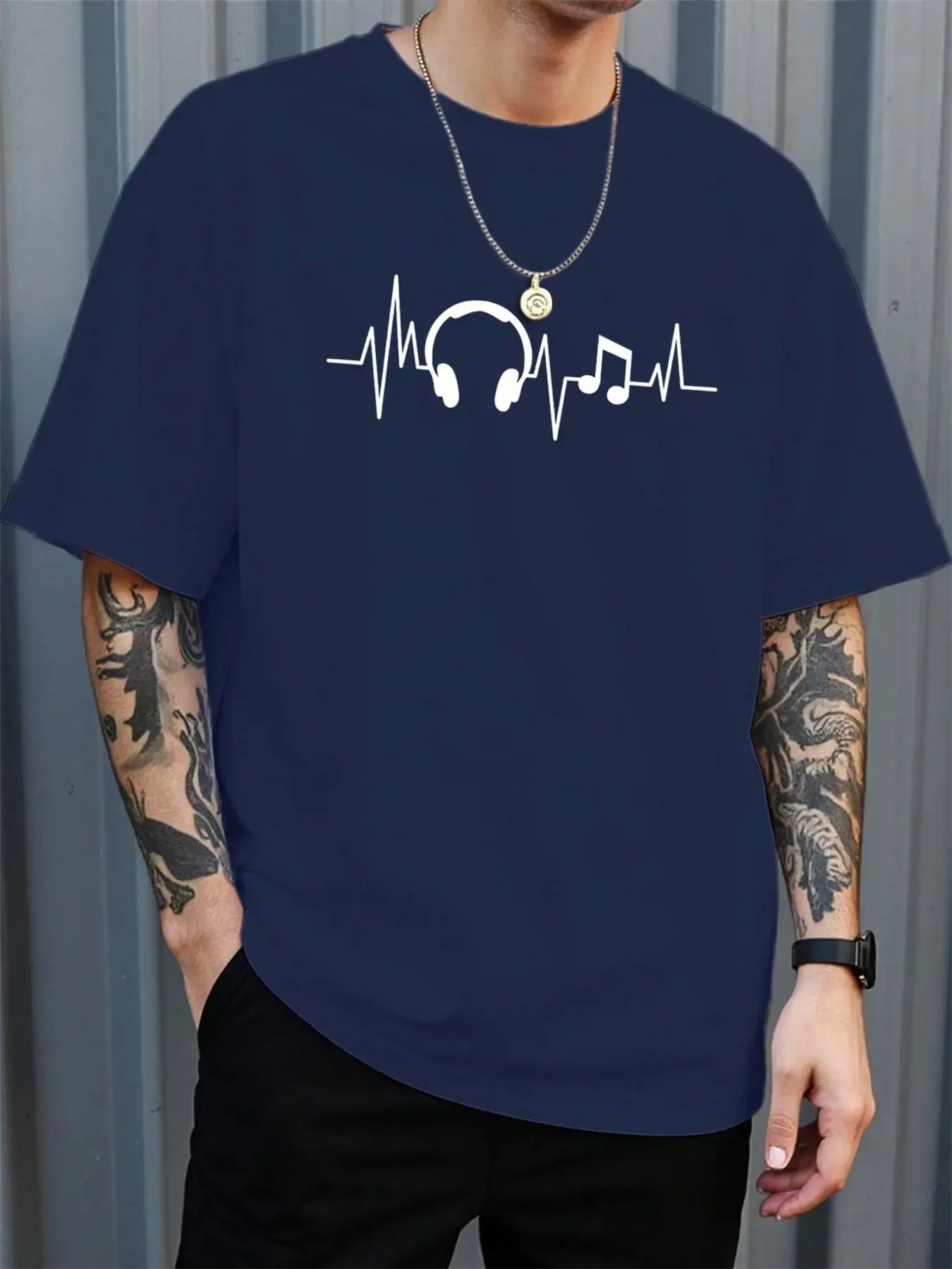 Men's Summer 100% Cotton Fashionable Casual Loose Large Headphone Pattern Printed Sports Round Neck Short Sleeve T-shirt Top