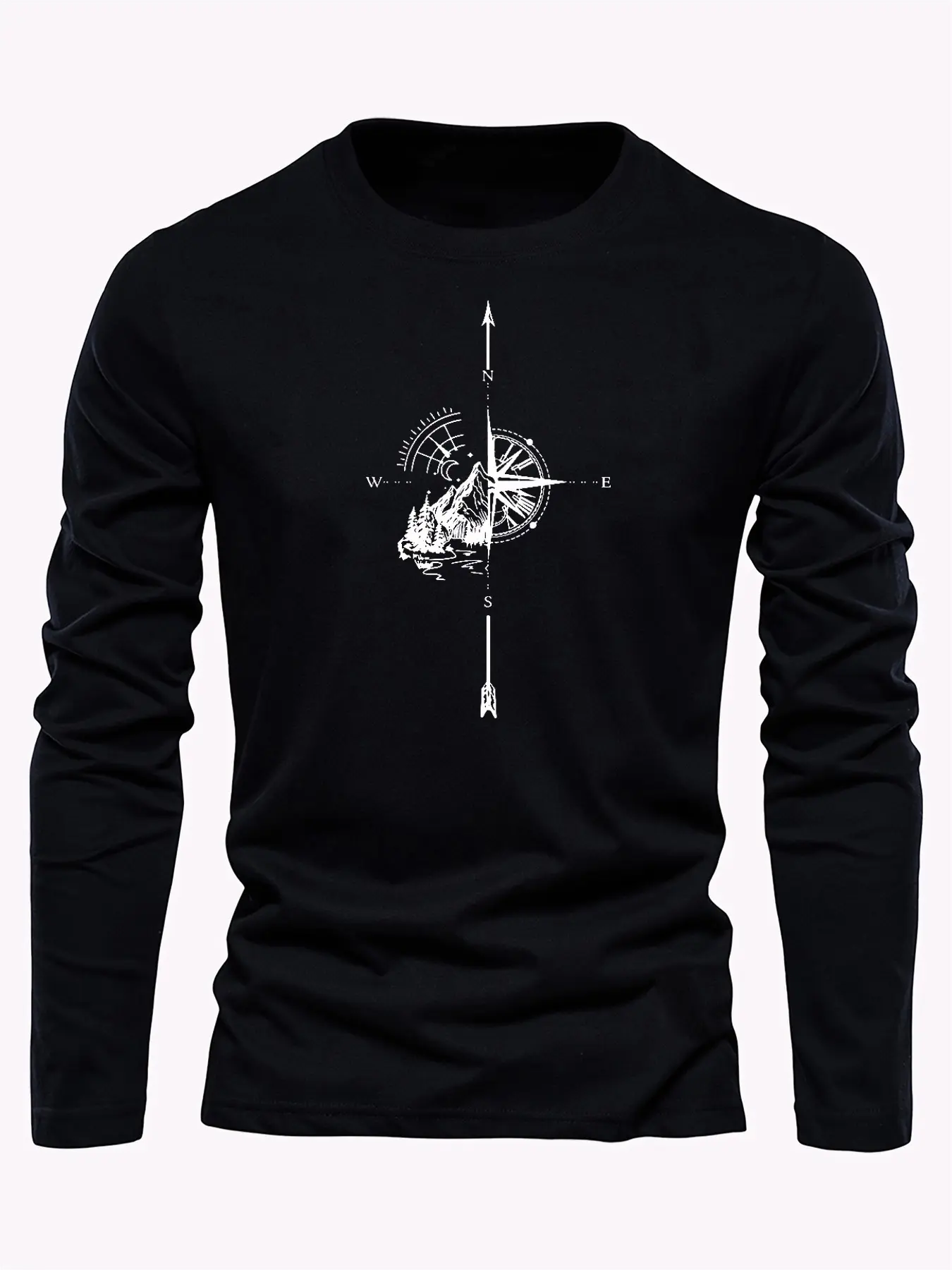 Men's 100% pure cotton loose fit comfortable sports and leisure mountain compass pattern printed round neck long sleeved T-shirt