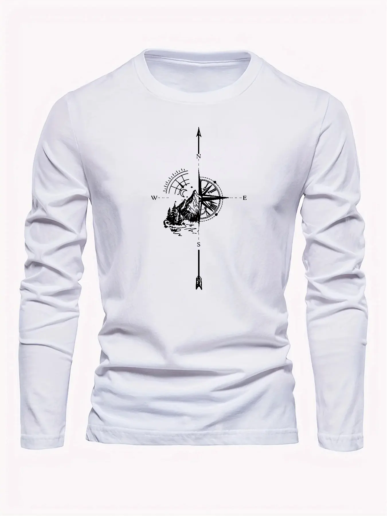 Men's 100% pure cotton loose fit comfortable sports and leisure mountain compass pattern printed round neck long sleeved T-shirt