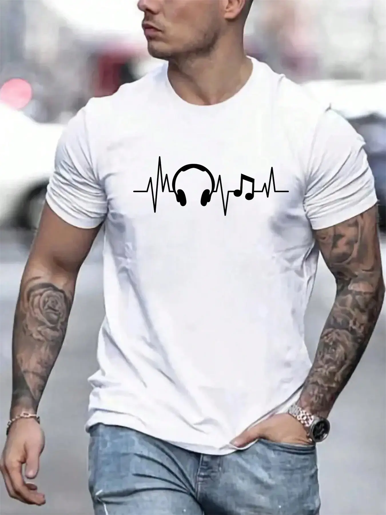 Men's Summer 100% Cotton Fashionable Casual Loose Large Headphone Pattern Printed Sports Round Neck Short Sleeve T-shirt Top