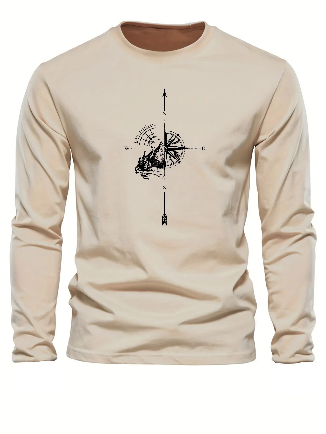 Men's 100% pure cotton loose fit comfortable sports and leisure mountain compass pattern printed round neck long sleeved T-shirt