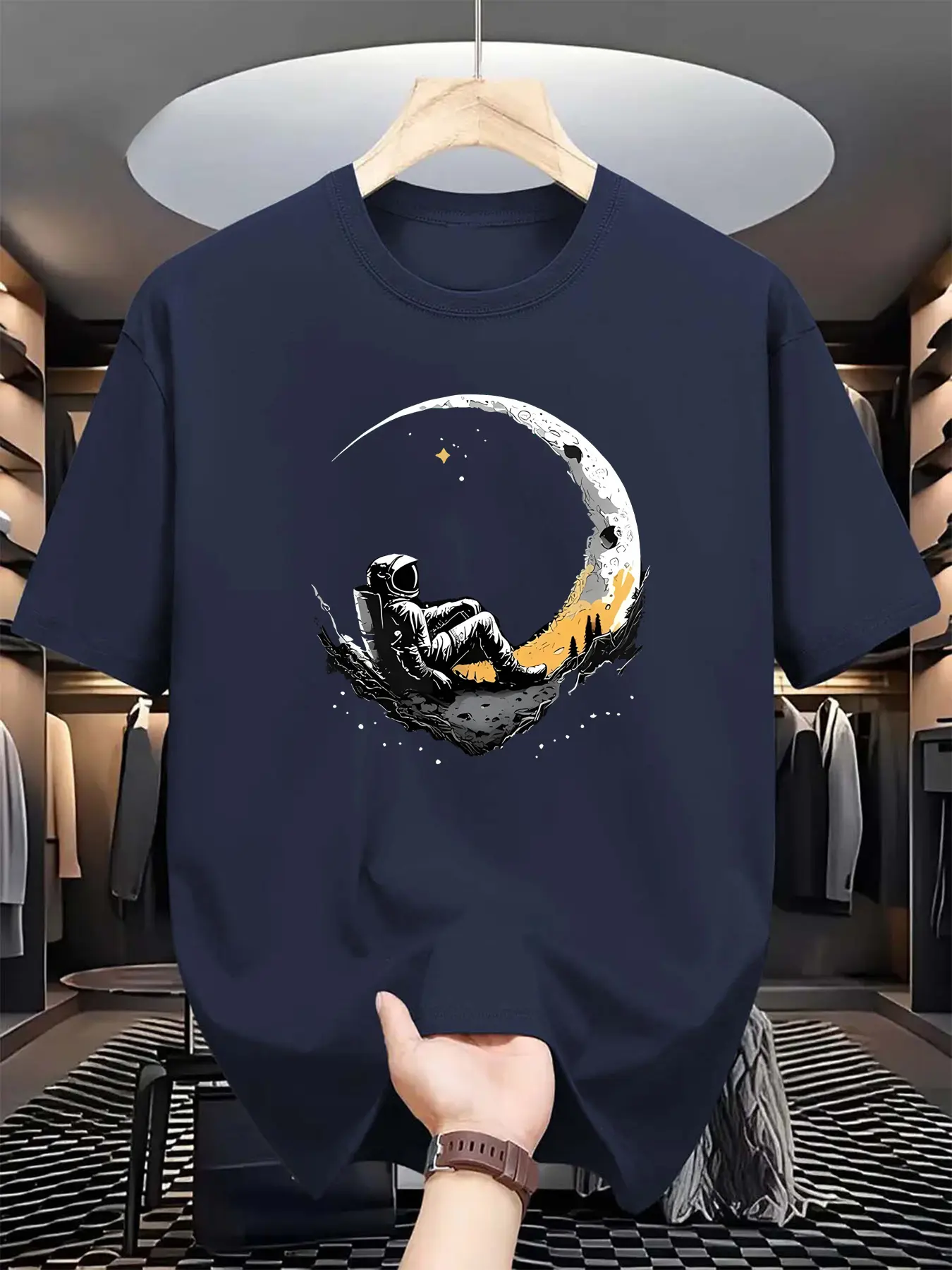 Summer men's 100% pure cotton casual loose fit astronaut login moon pattern printed comfortable round neck short sleeved T-shirt