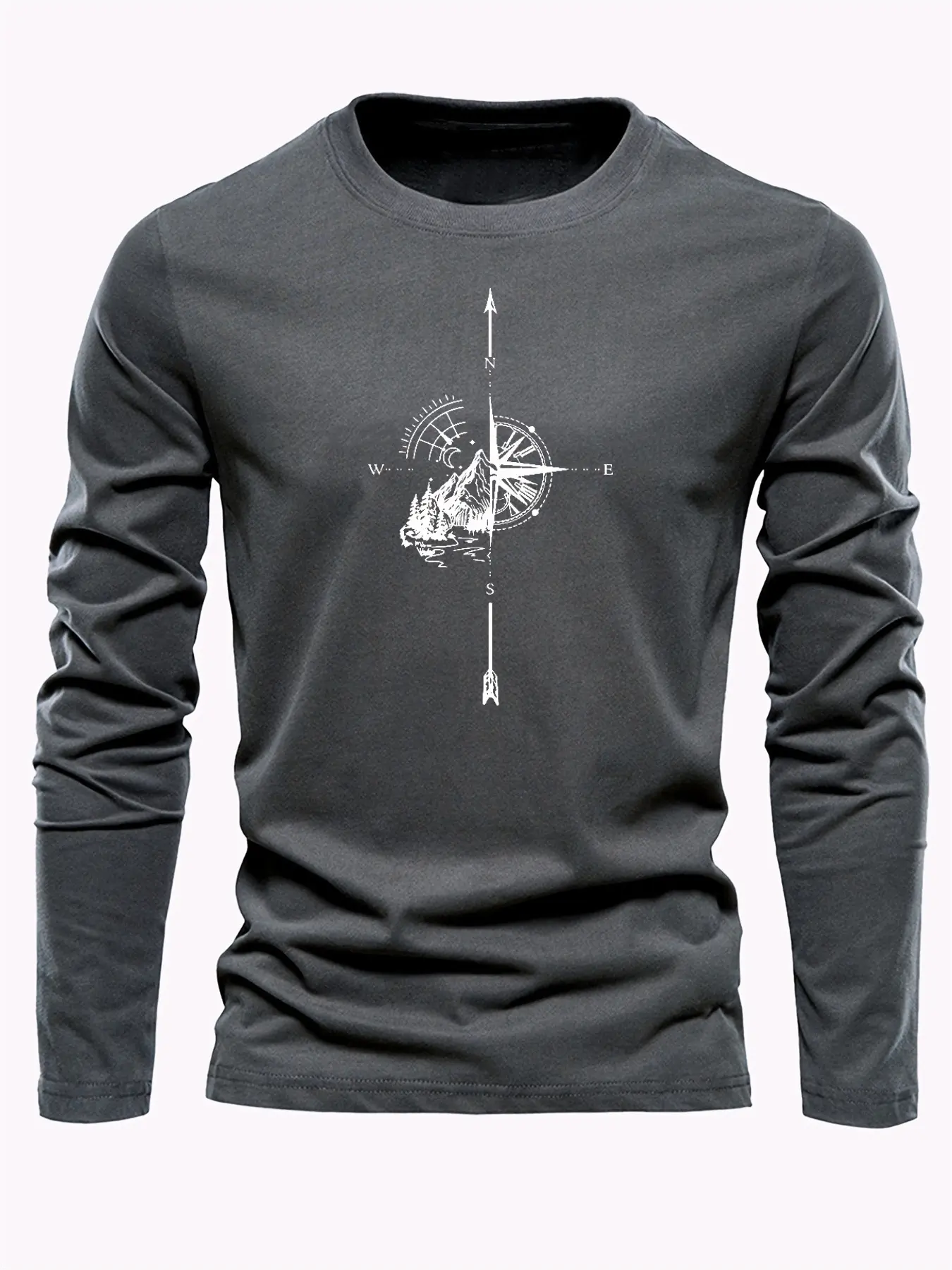 Men's 100% pure cotton loose fit comfortable sports and leisure mountain compass pattern printed round neck long sleeved T-shirt