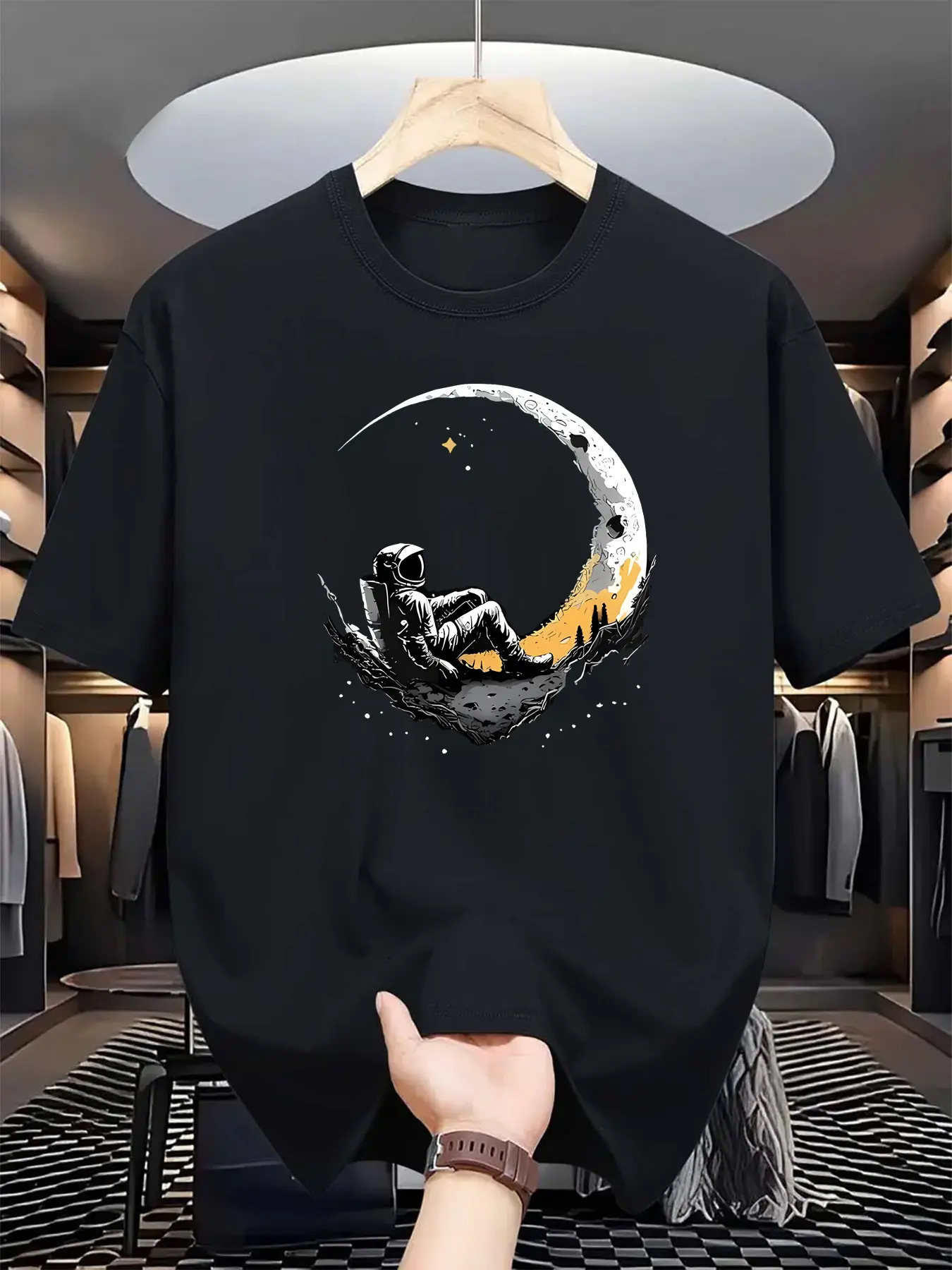 Summer men's 100% pure cotton casual loose fit astronaut login moon pattern printed comfortable round neck short sleeved T-shirt