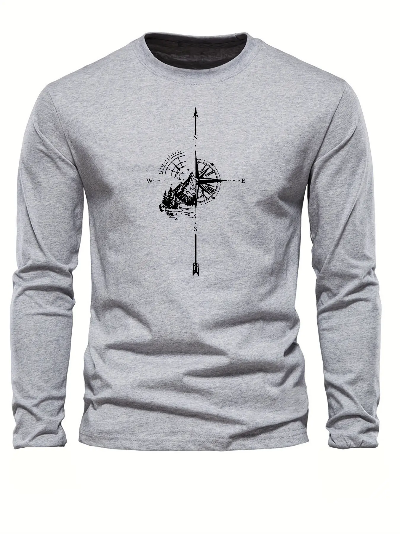 Men's 100% pure cotton loose fit comfortable sports and leisure mountain compass pattern printed round neck long sleeved T-shirt