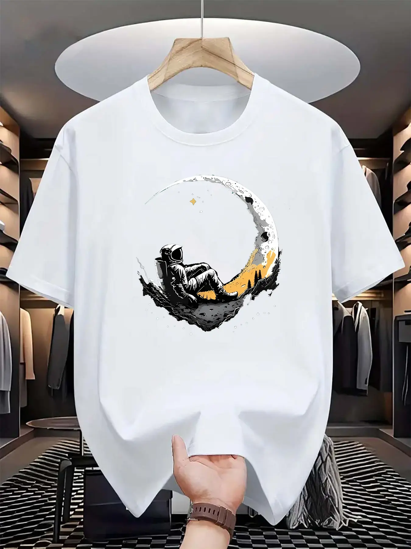 Summer men's 100% pure cotton casual loose fit astronaut login moon pattern printed comfortable round neck short sleeved T-shirt
