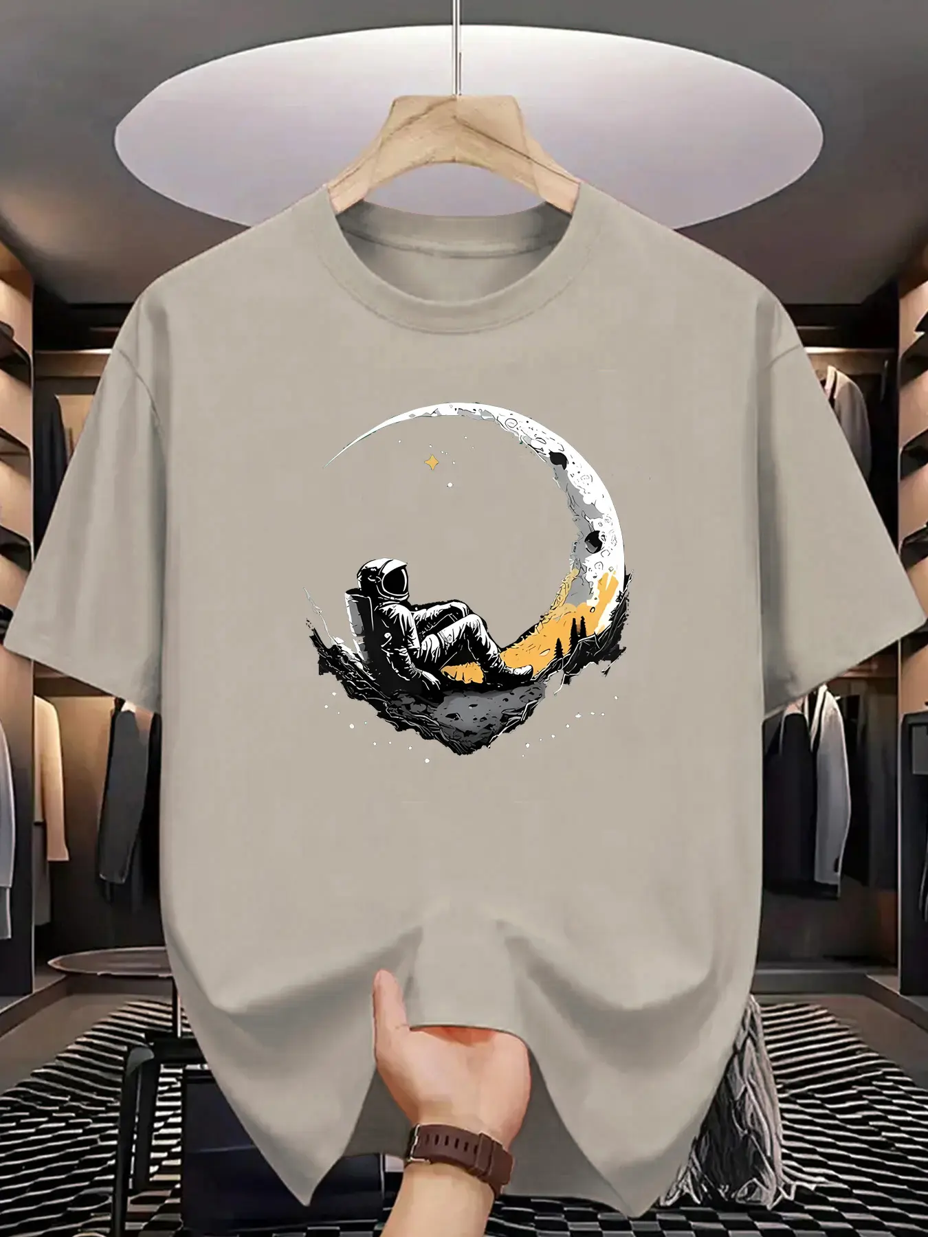 Summer men's 100% pure cotton casual loose fit astronaut login moon pattern printed comfortable round neck short sleeved T-shirt
