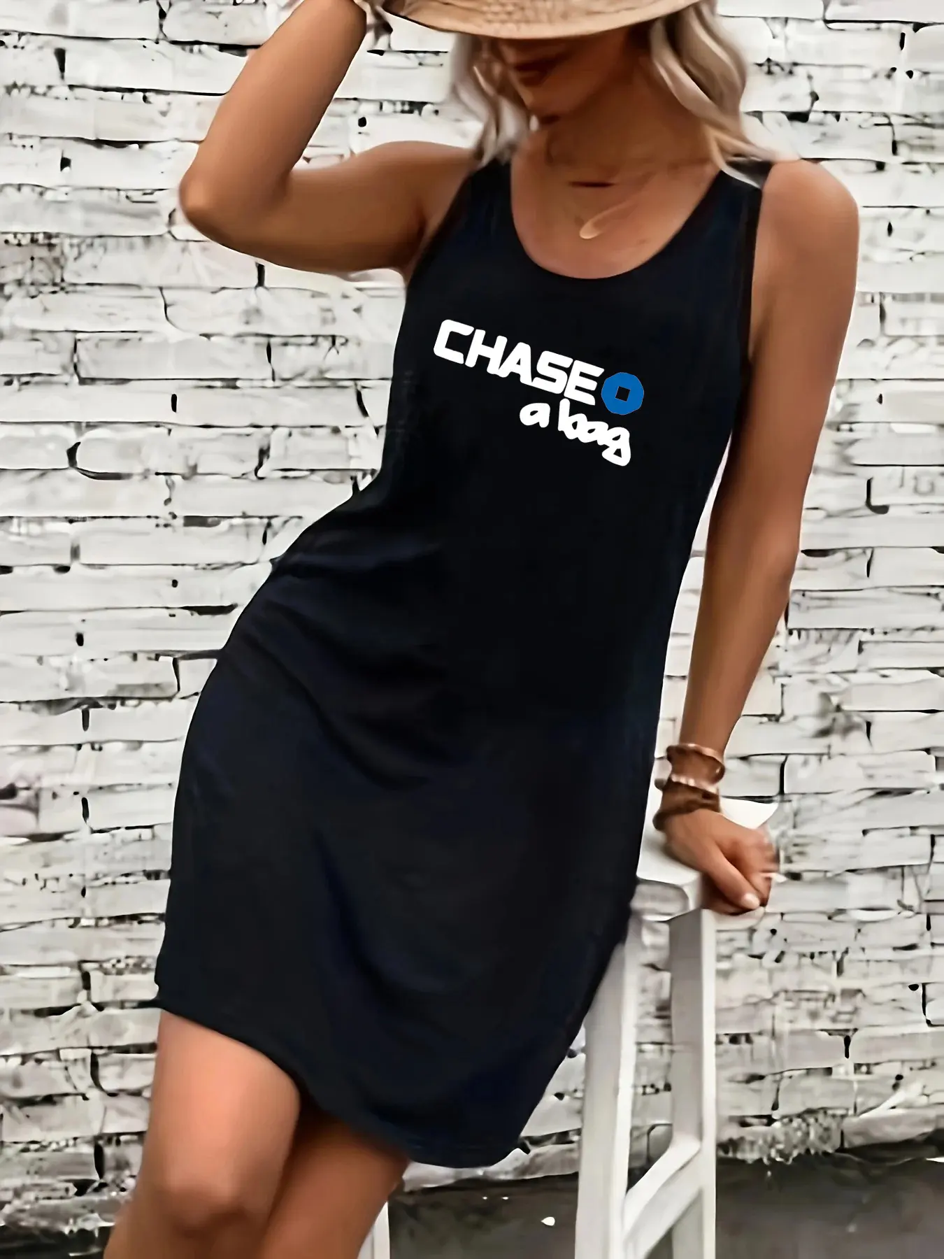 Women's summer loose and comfortable casual CHASE letter pattern printed black sleeveless vest skirt punk style dress