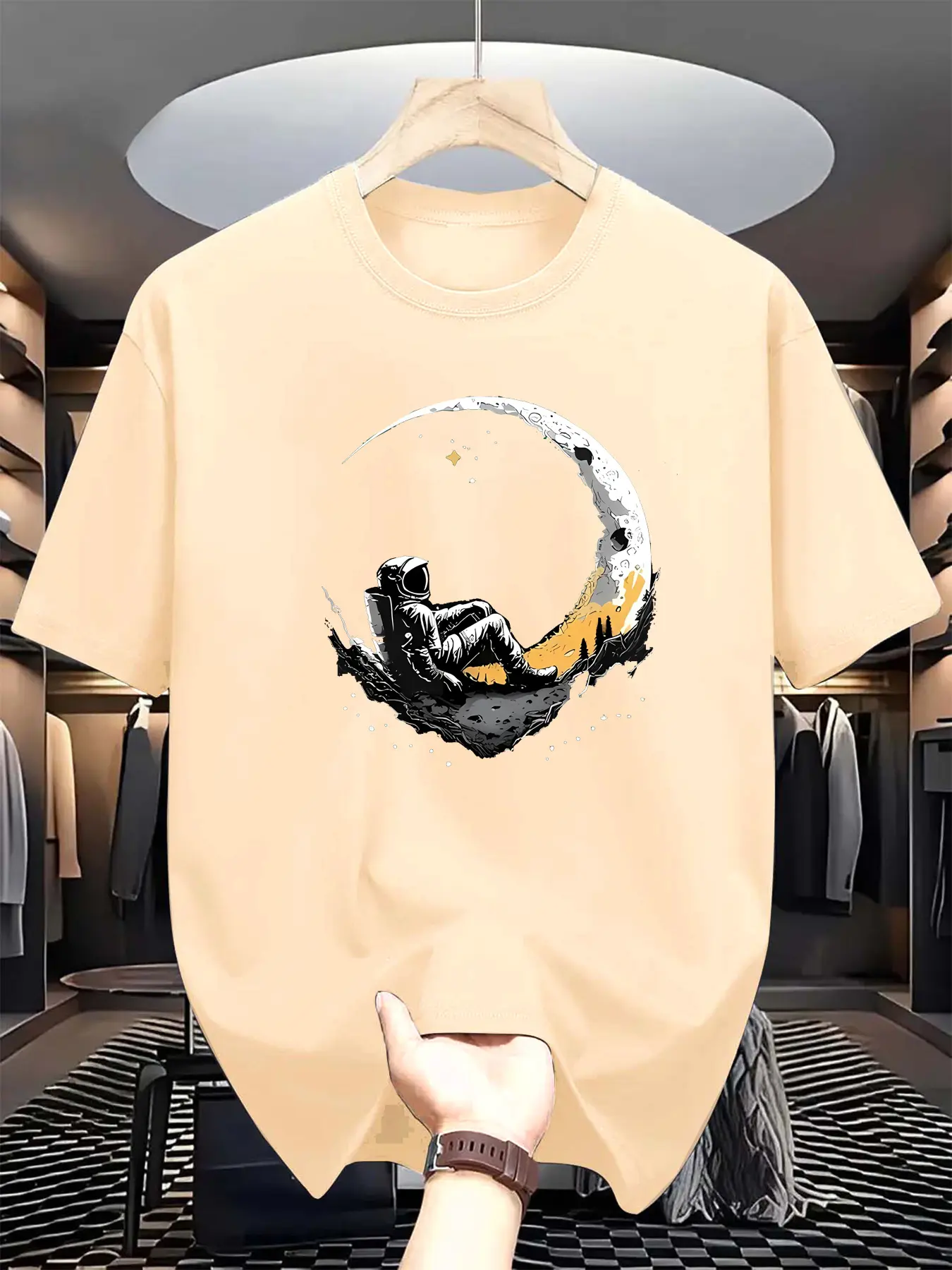 Summer men's 100% pure cotton casual loose fit astronaut login moon pattern printed comfortable round neck short sleeved T-shirt