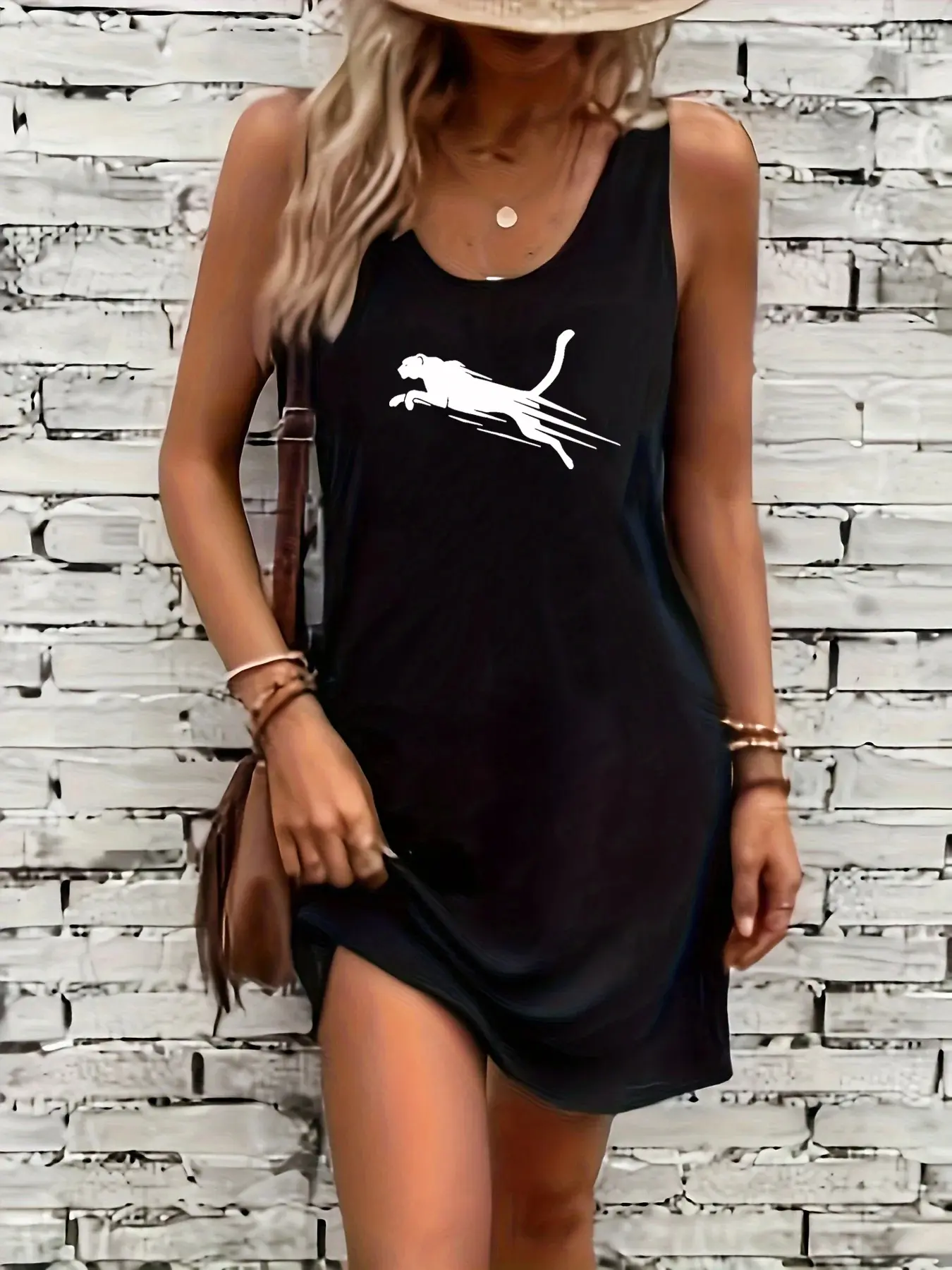 Women's summer loose and comfortable casual CHASE letter pattern printed black sleeveless vest skirt punk style dress