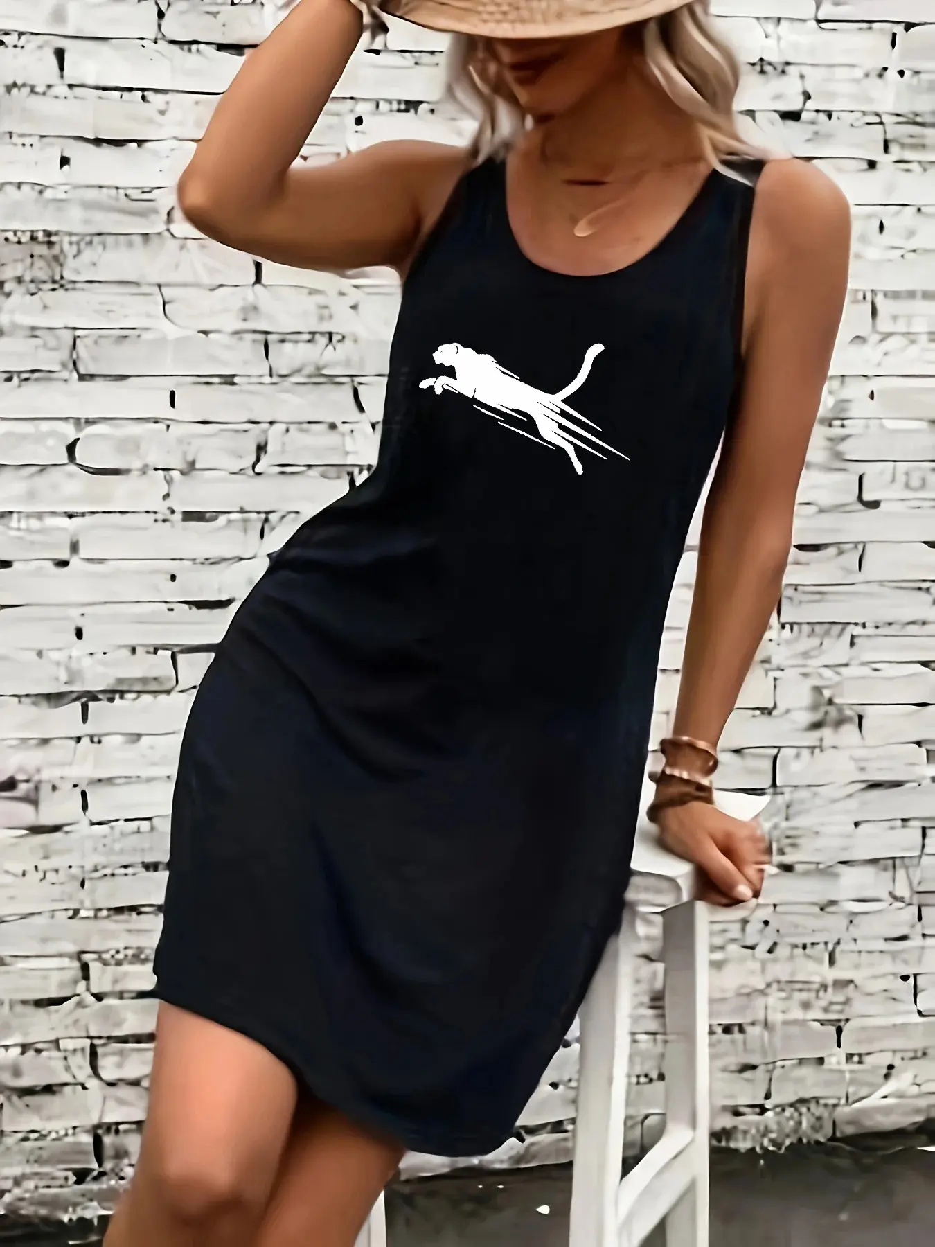 Women's summer loose and comfortable casual CHASE letter pattern printed black sleeveless vest skirt punk style dress