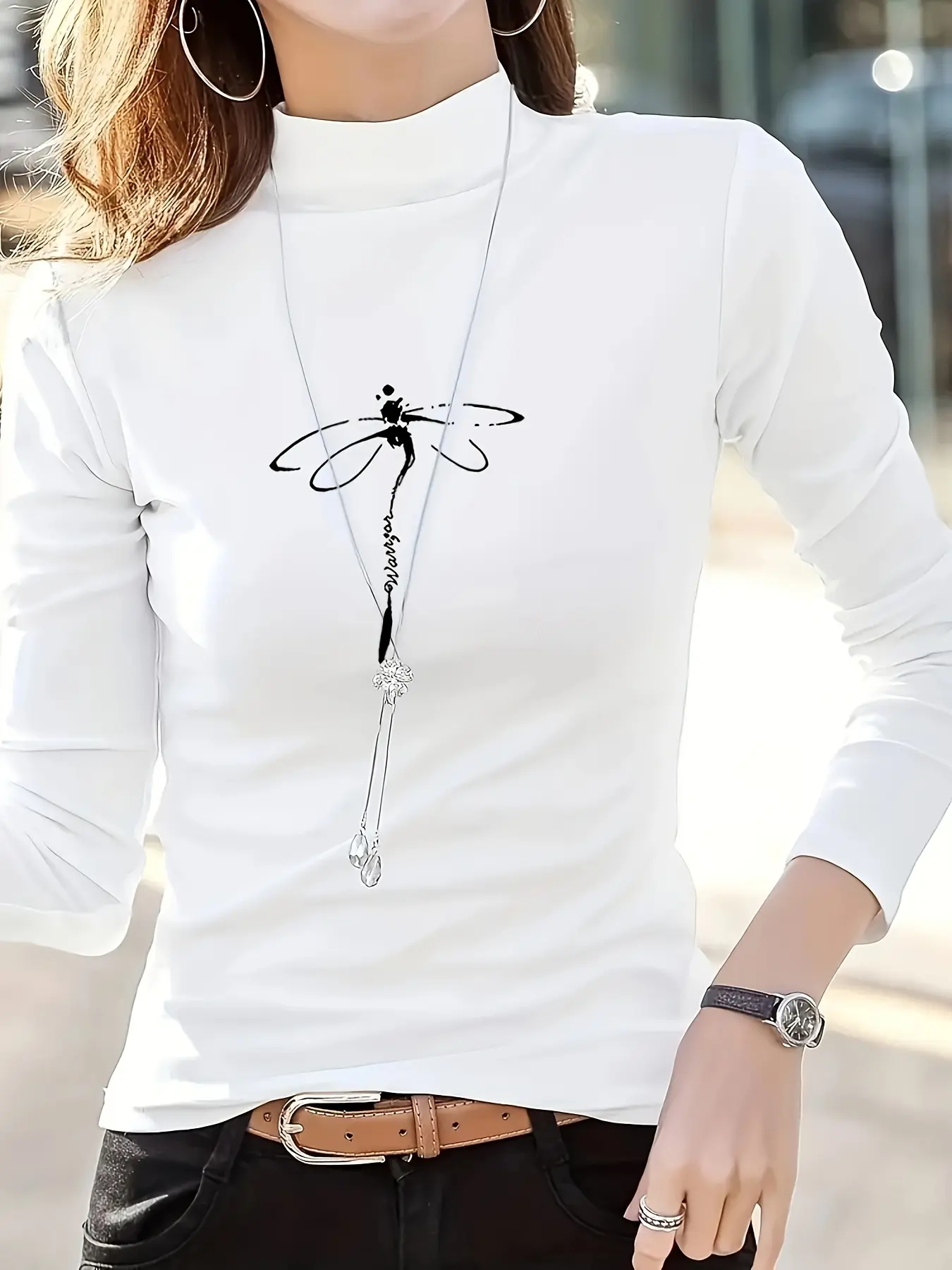 Female tight black and white Dragonfly long sleeved high neck base top, spring and autumn T-shirt for women