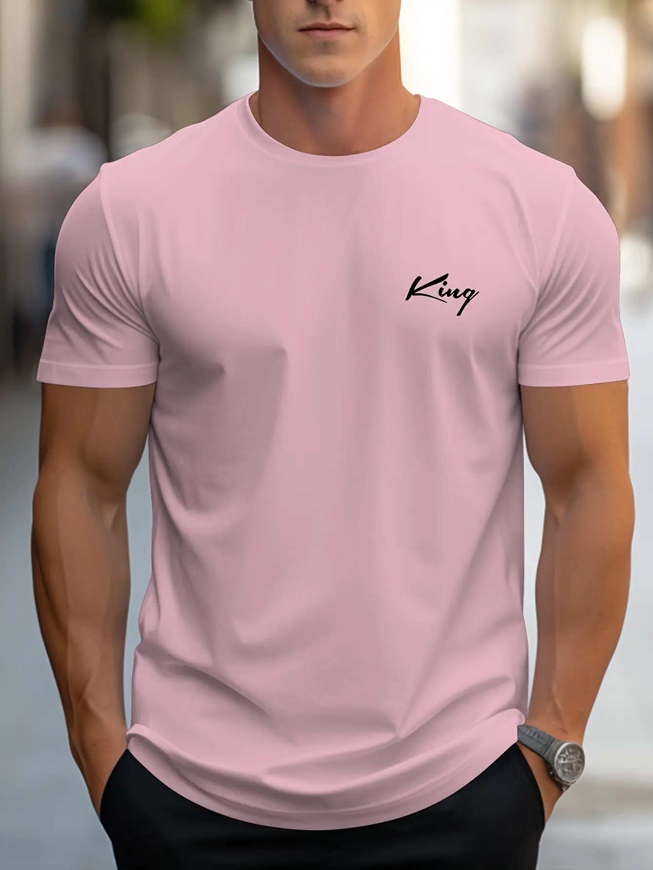 Men's summer 100 cotton fashionable casual loose fit plus size king letter printed sports round neck short sleeved T-shirt top